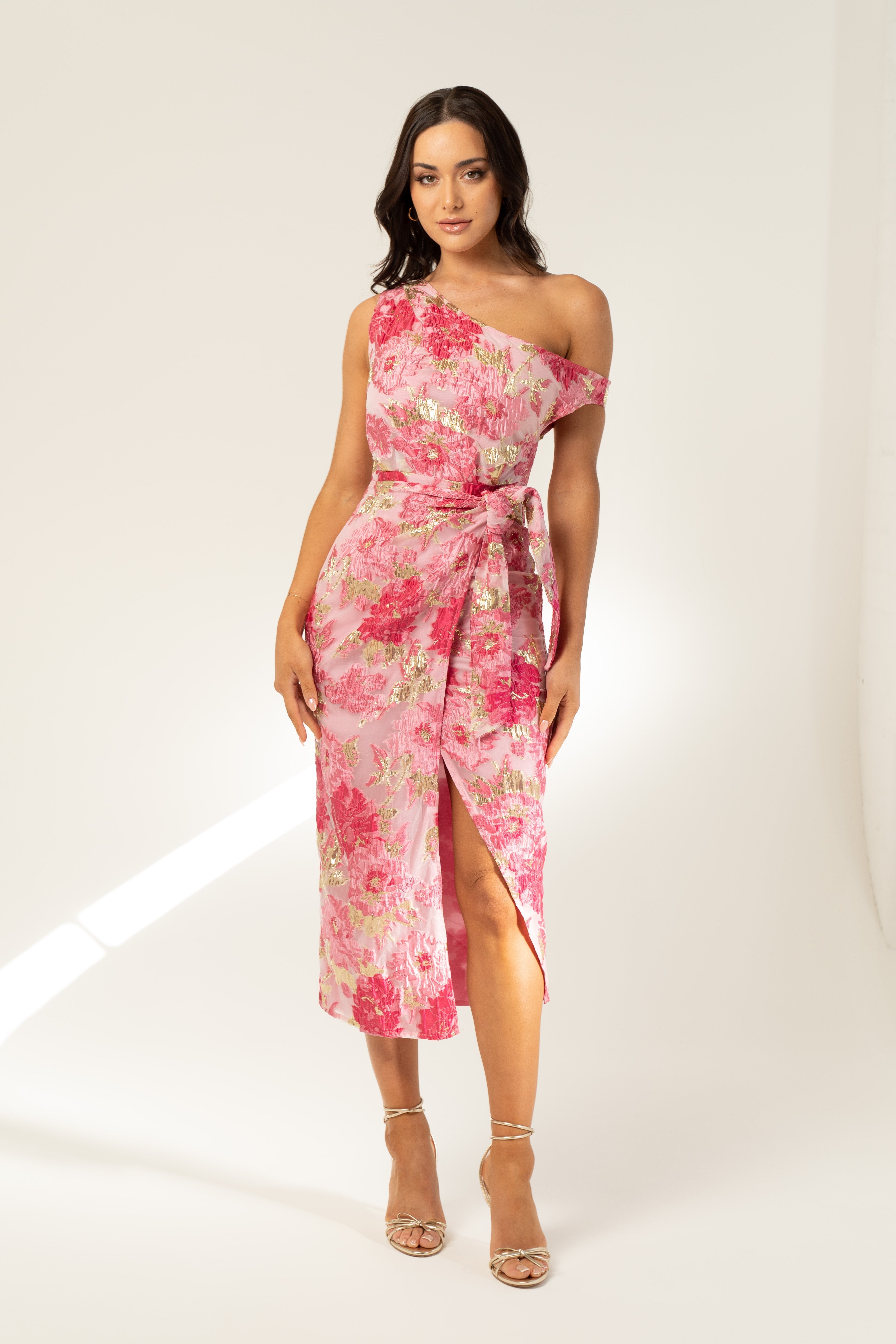 Michele Drop Shoulder Pink Floral Midi Dress