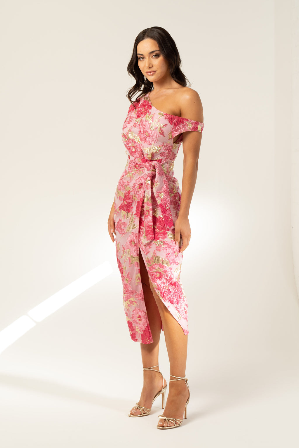 Michele Drop Shoulder Pink Floral Midi Dress