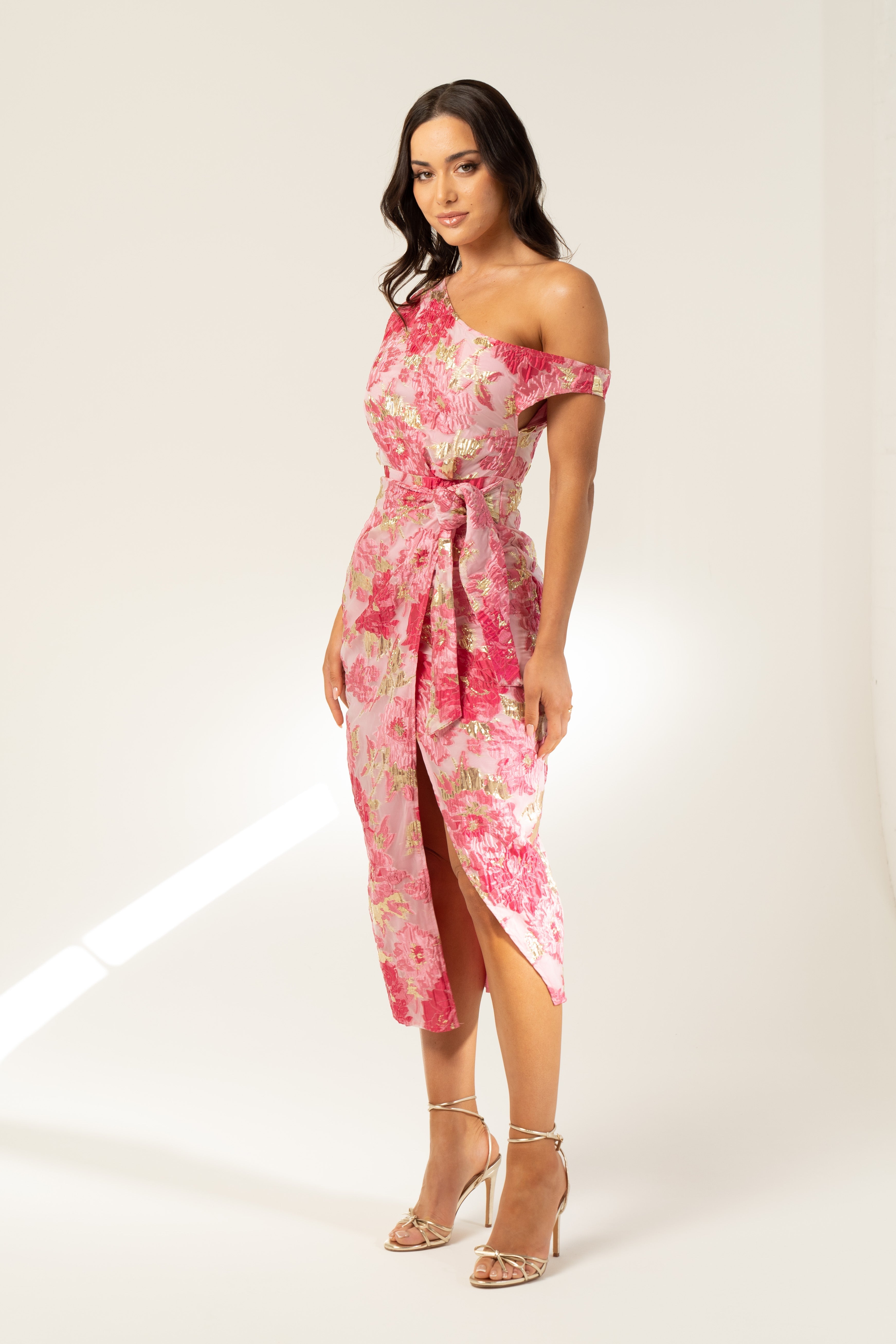Michele Drop Shoulder Pink Floral Midi Dress