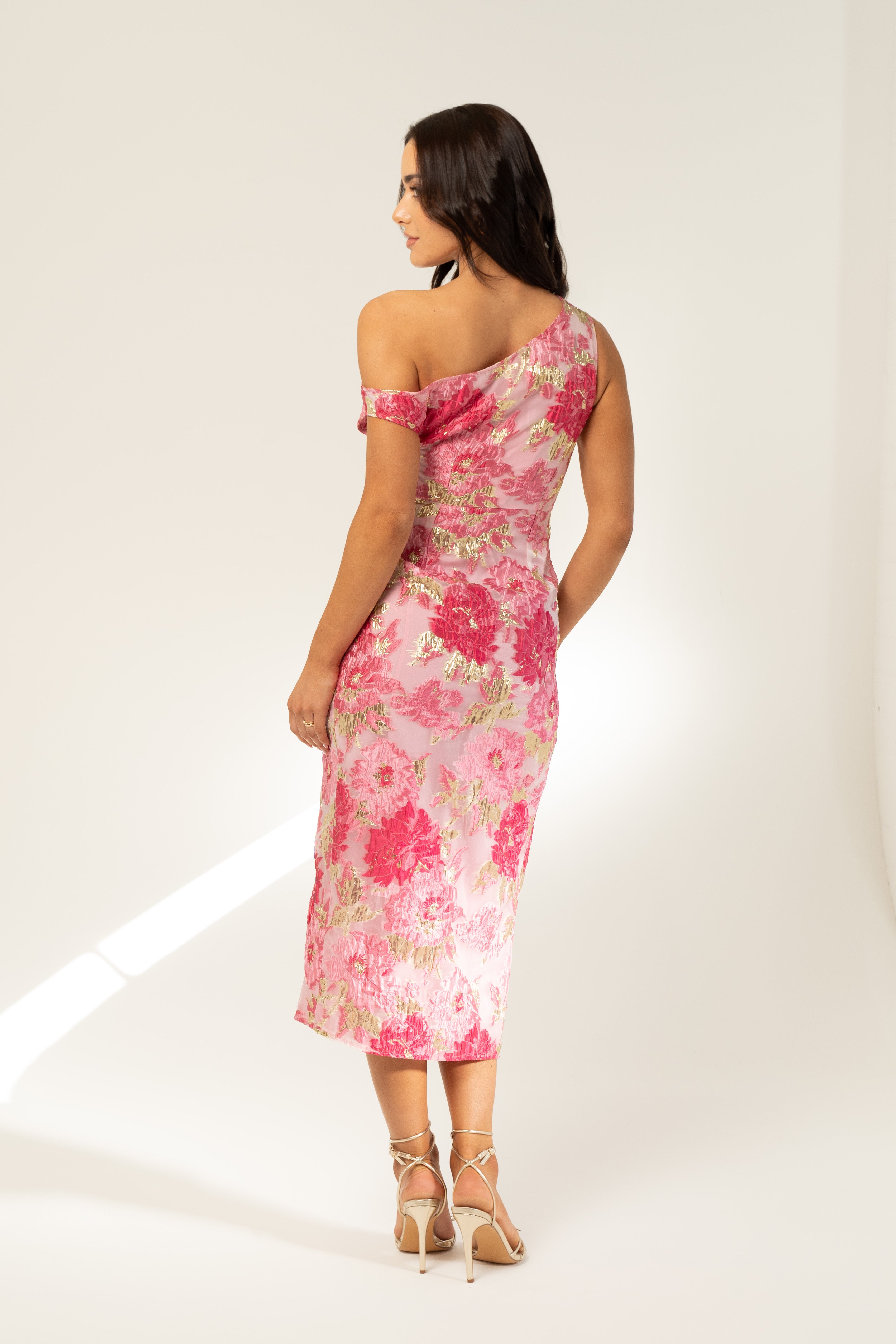 Michele Drop Shoulder Pink Floral Midi Dress