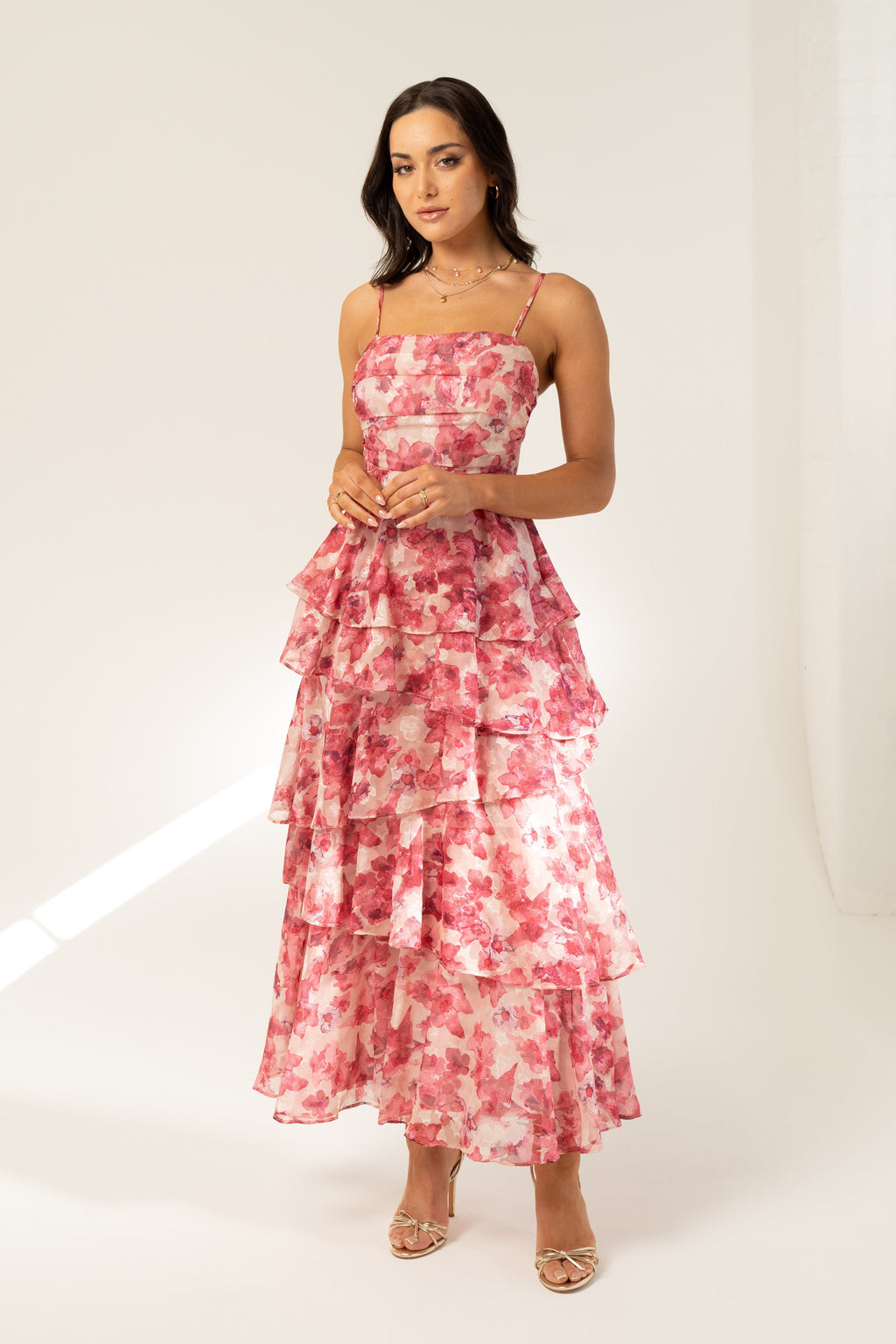 Emilia Pink Floral Tiered Midi Dress