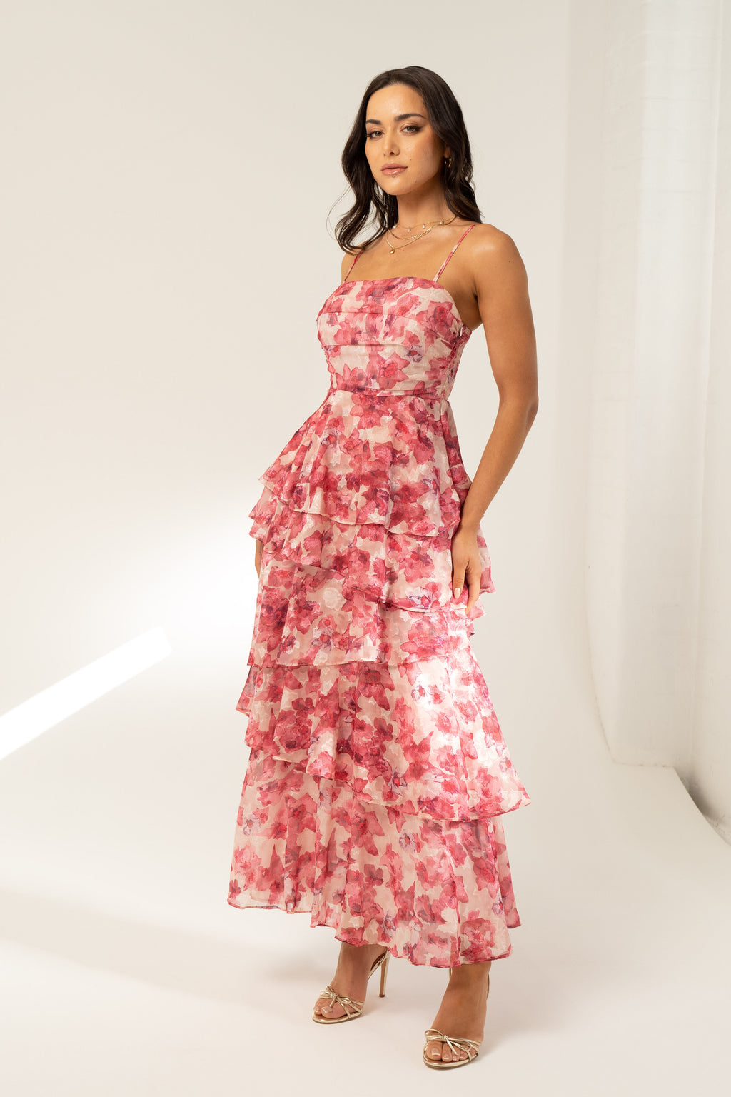 Emilia Pink Floral Tiered Midi Dress
