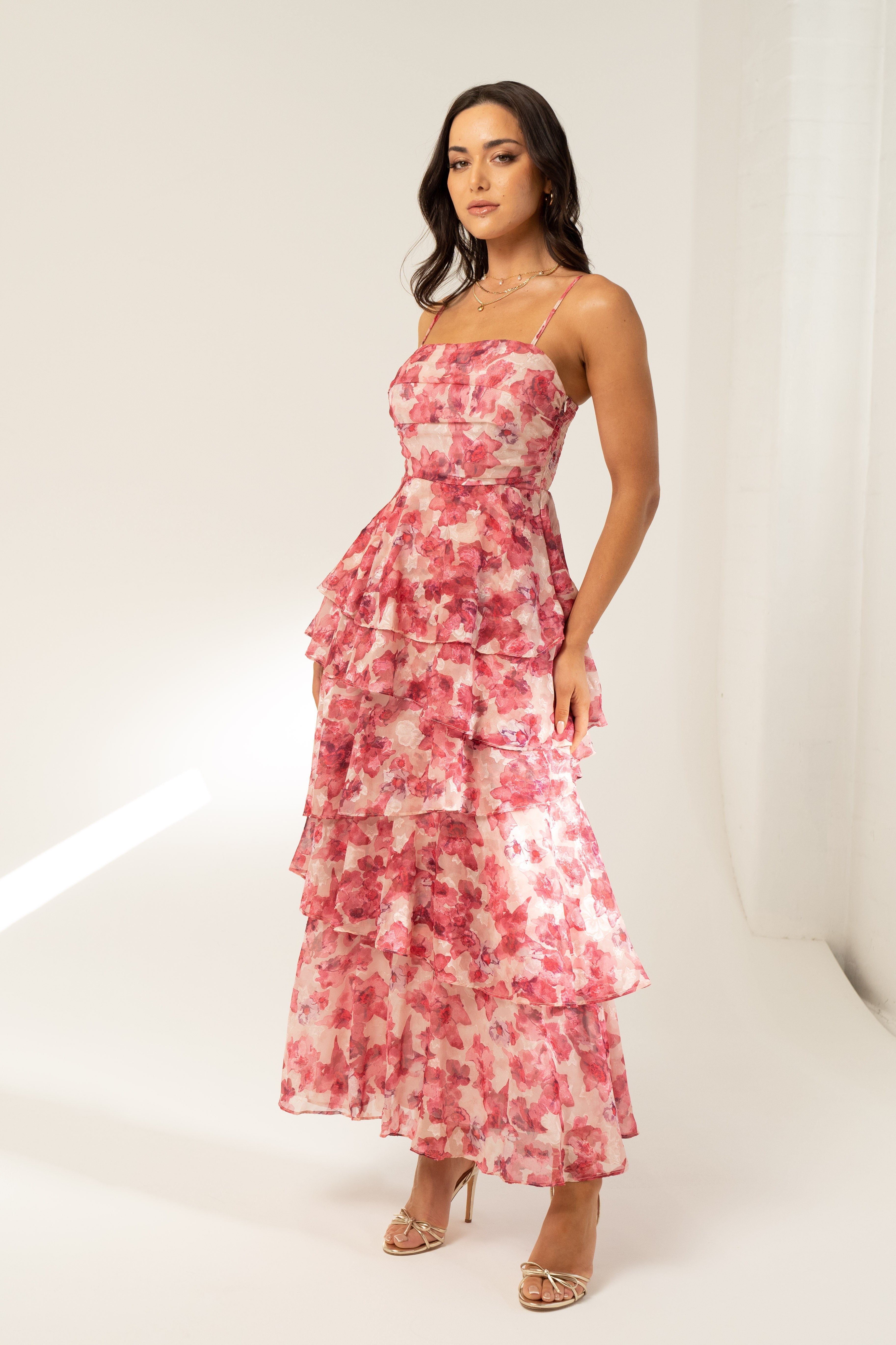 Emilia Pink Floral Tiered Midi Dress