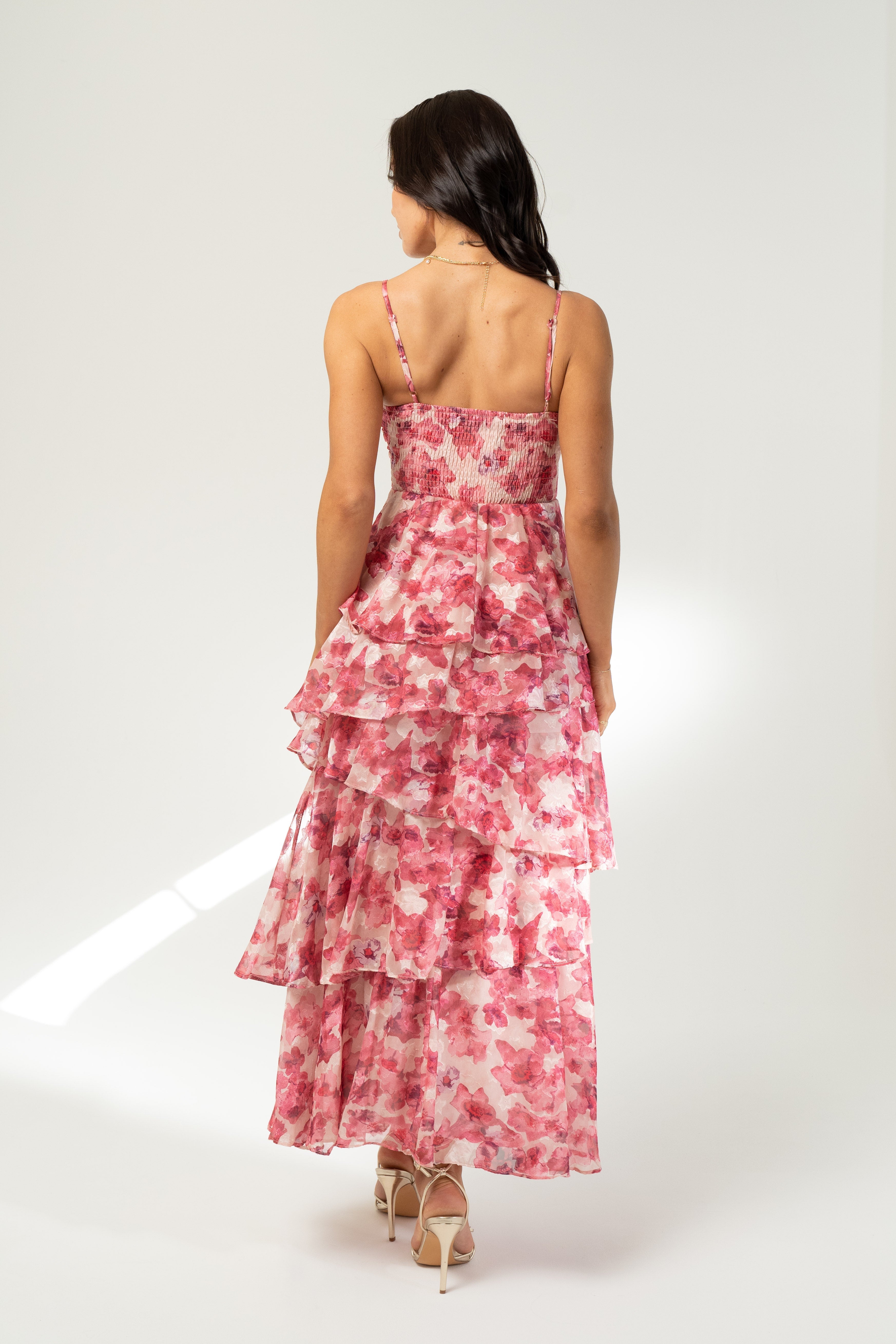Emilia Pink Floral Tiered Midi Dress