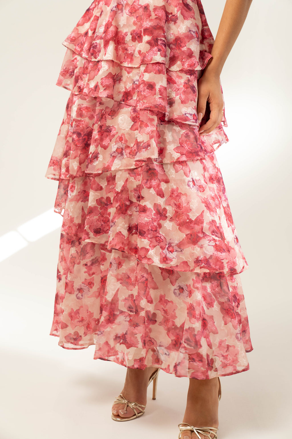 Emilia Pink Floral Tiered Midi Dress