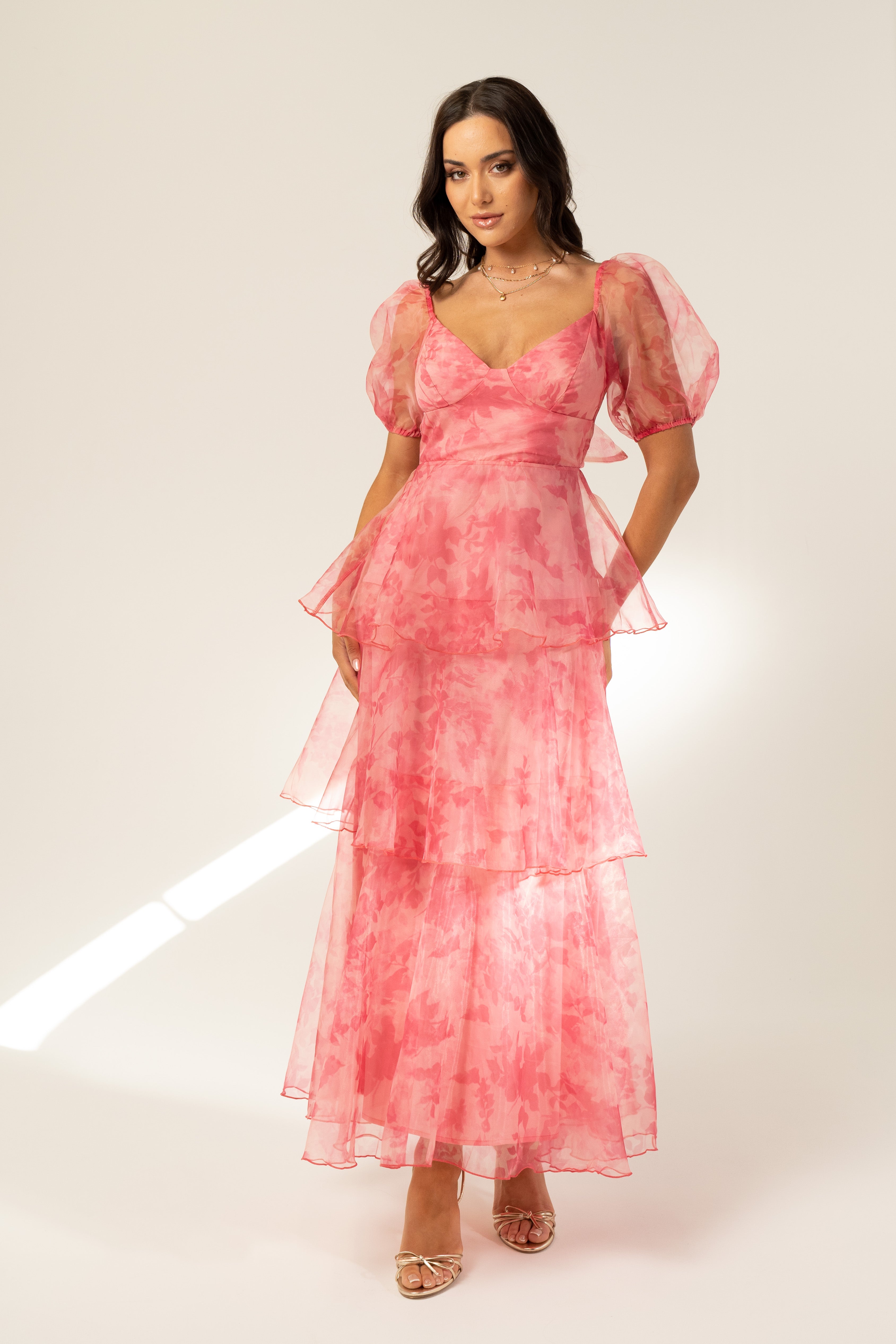 Aurora Pink Tiered Midi Dress