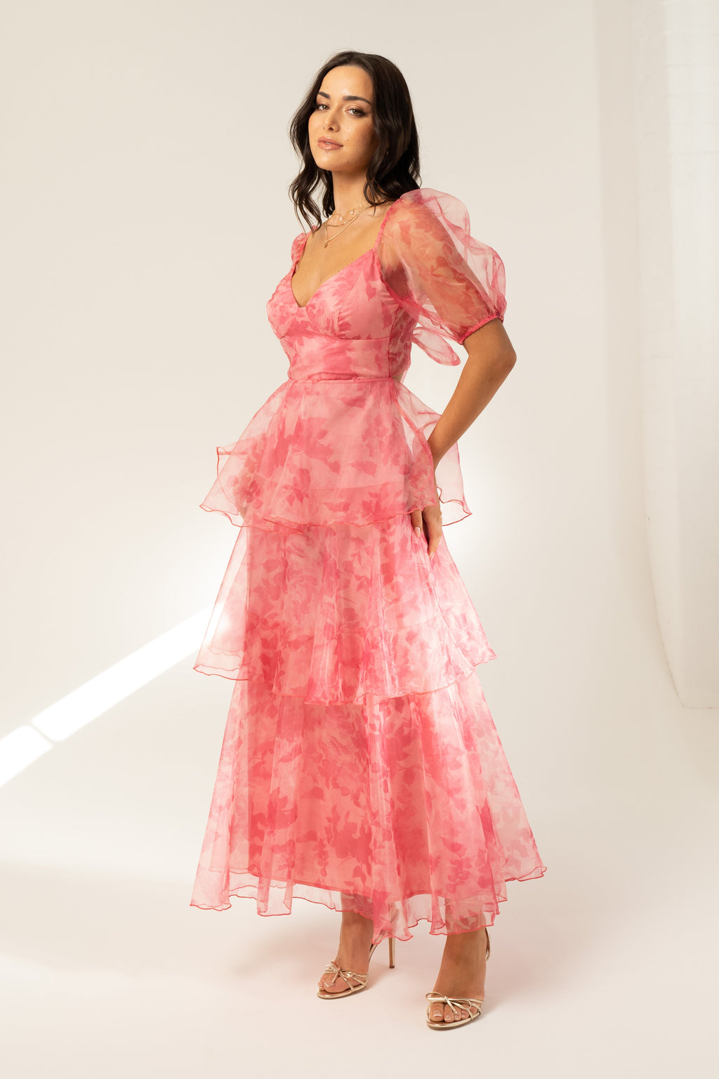 Aurora Pink Tiered Midi Dress