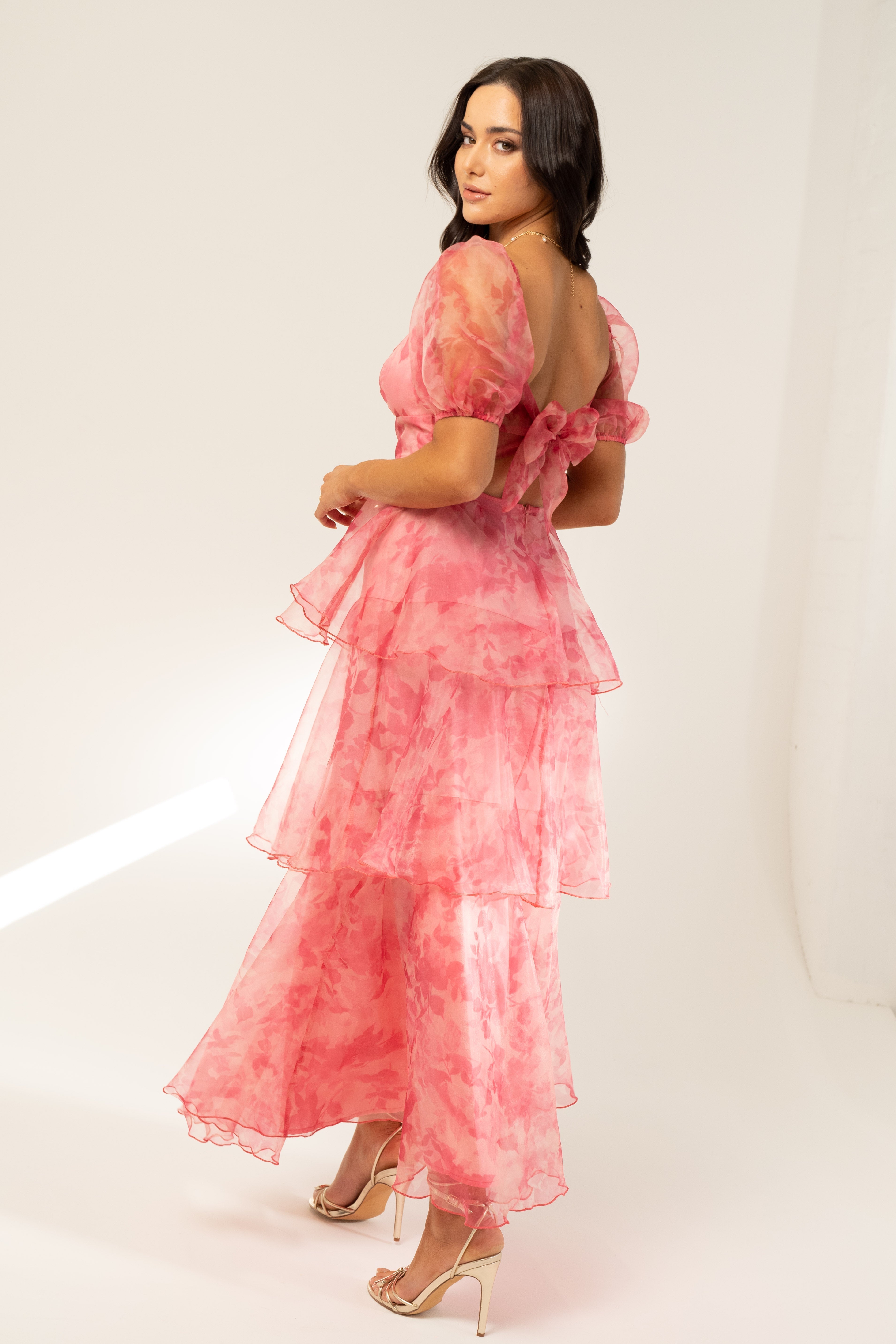 Aurora Pink Tiered Midi Dress