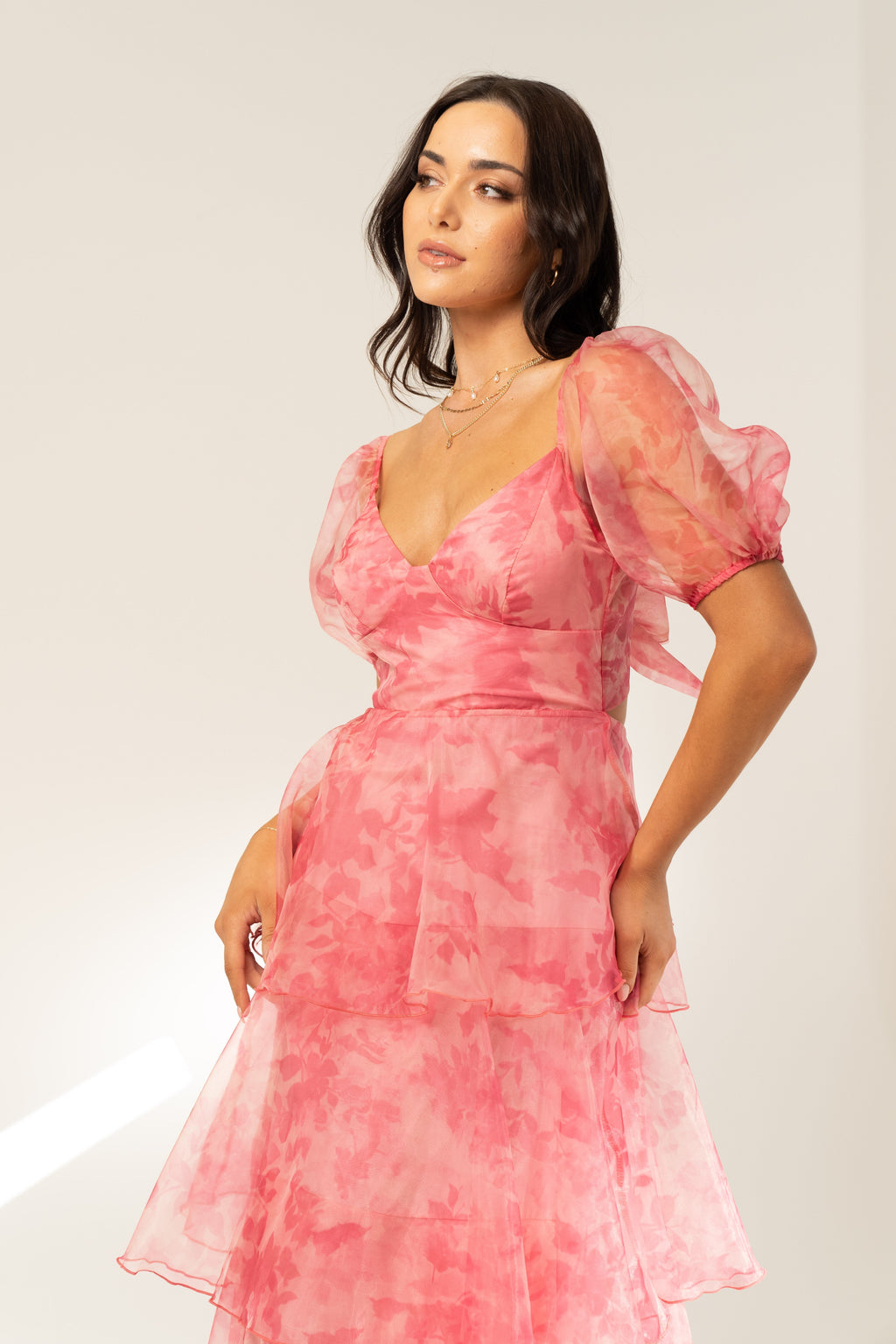 Aurora Pink Tiered Midi Dress