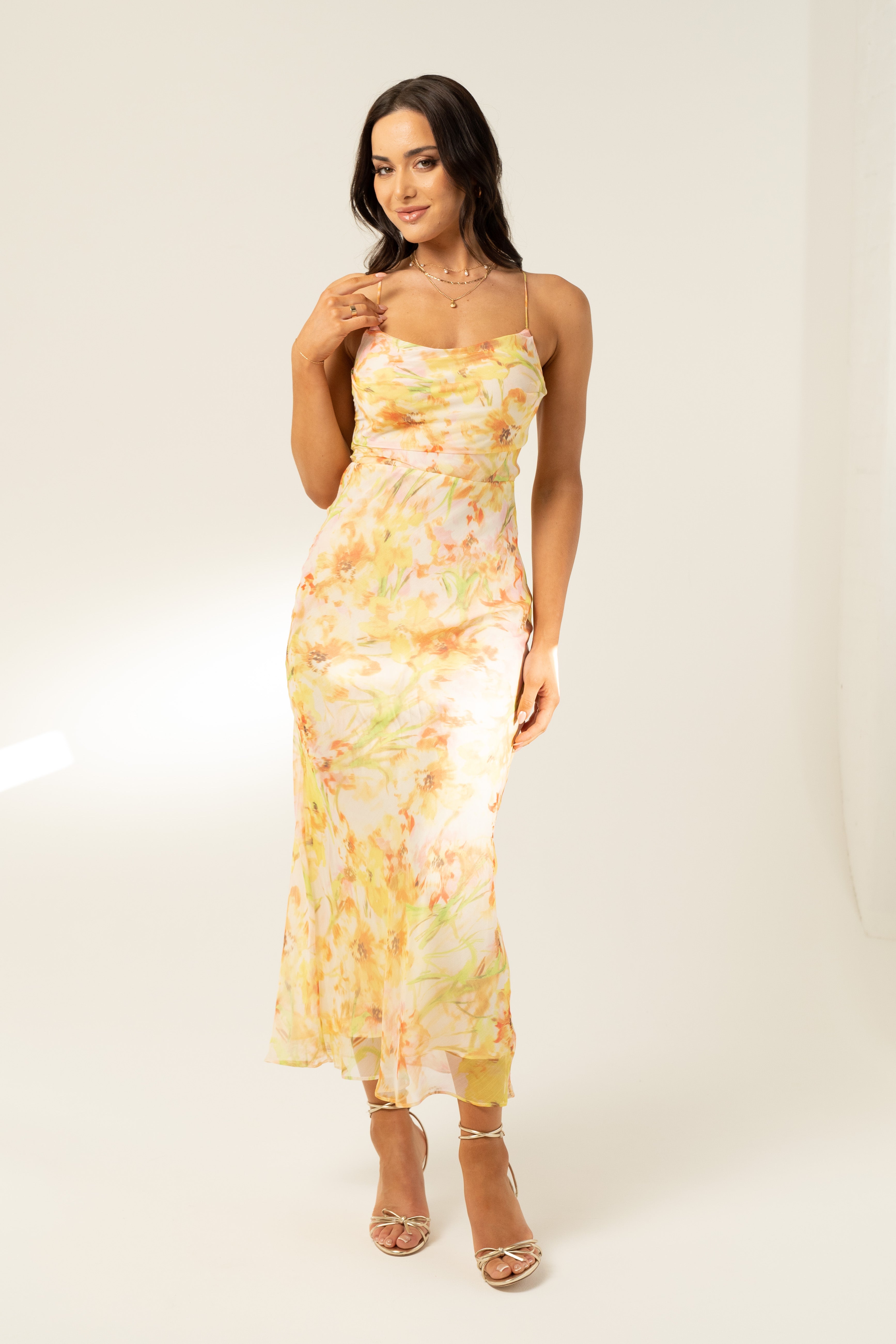 Amerie Yellow Cross Back Midi Dress