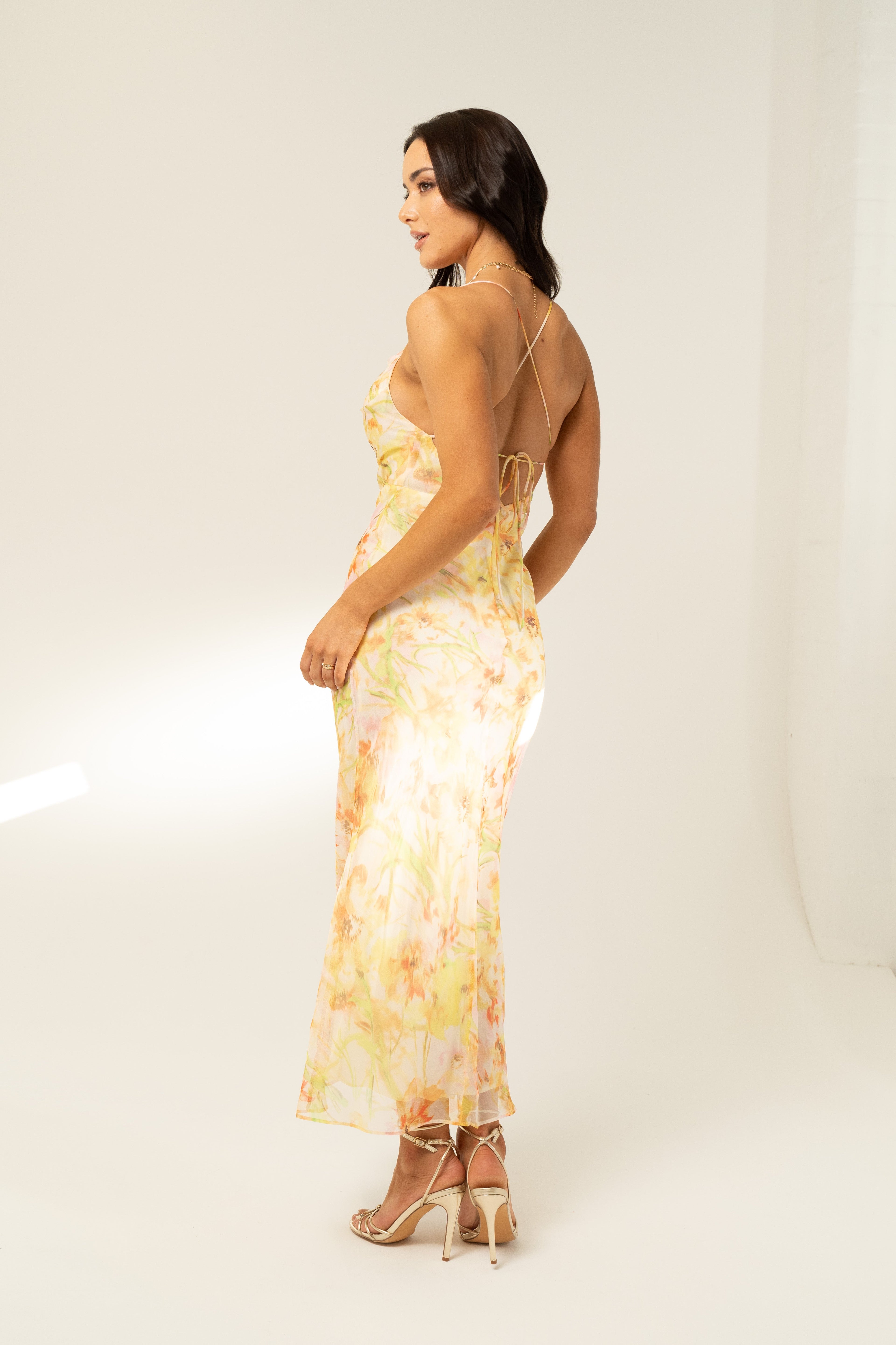 Amerie Yellow Cross Back Midi Dress