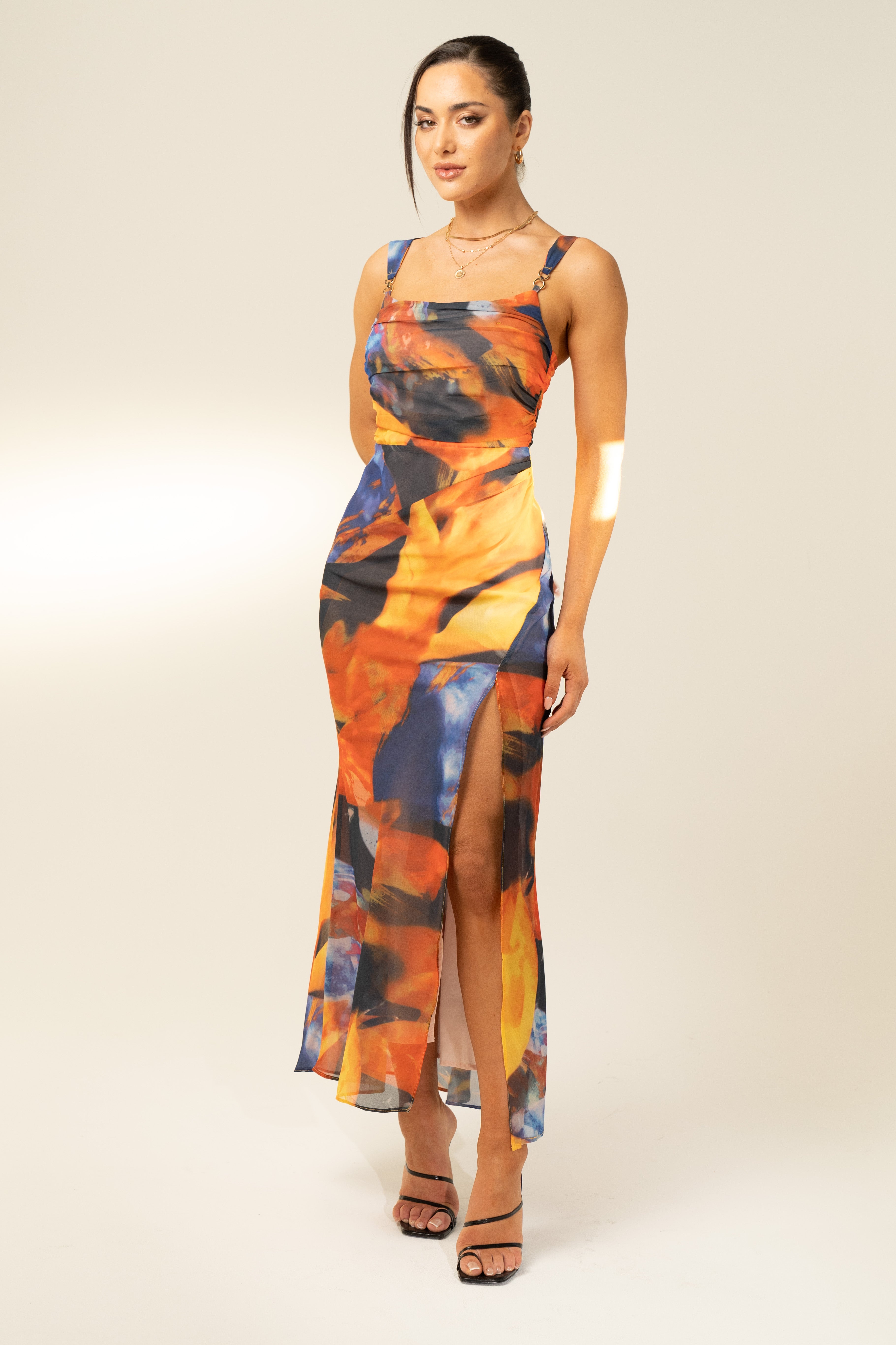 Sasha Bold Print Midi Dress with Gold Strap Details