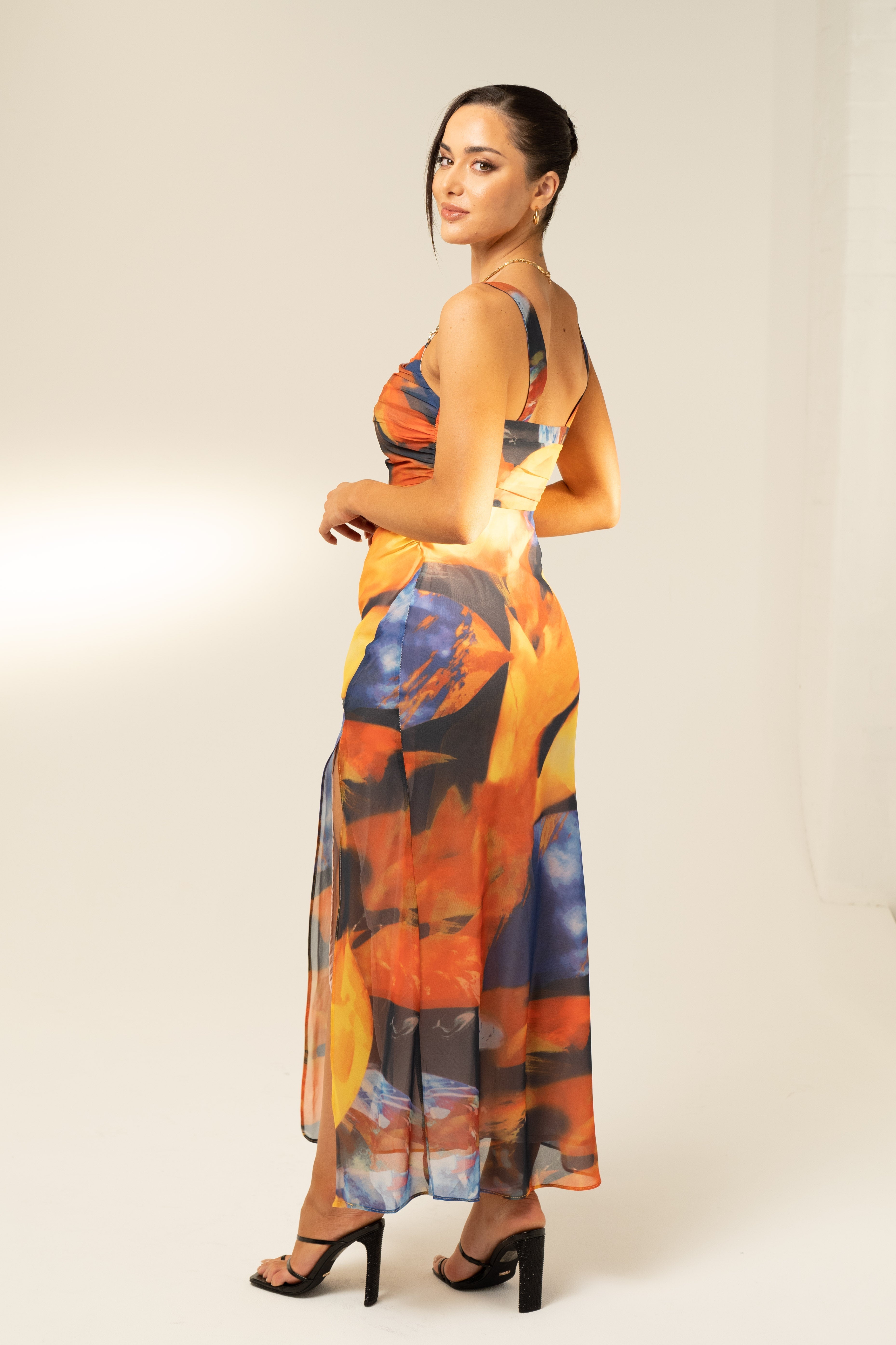 Sasha Bold Print Midi Dress with Gold Strap Details