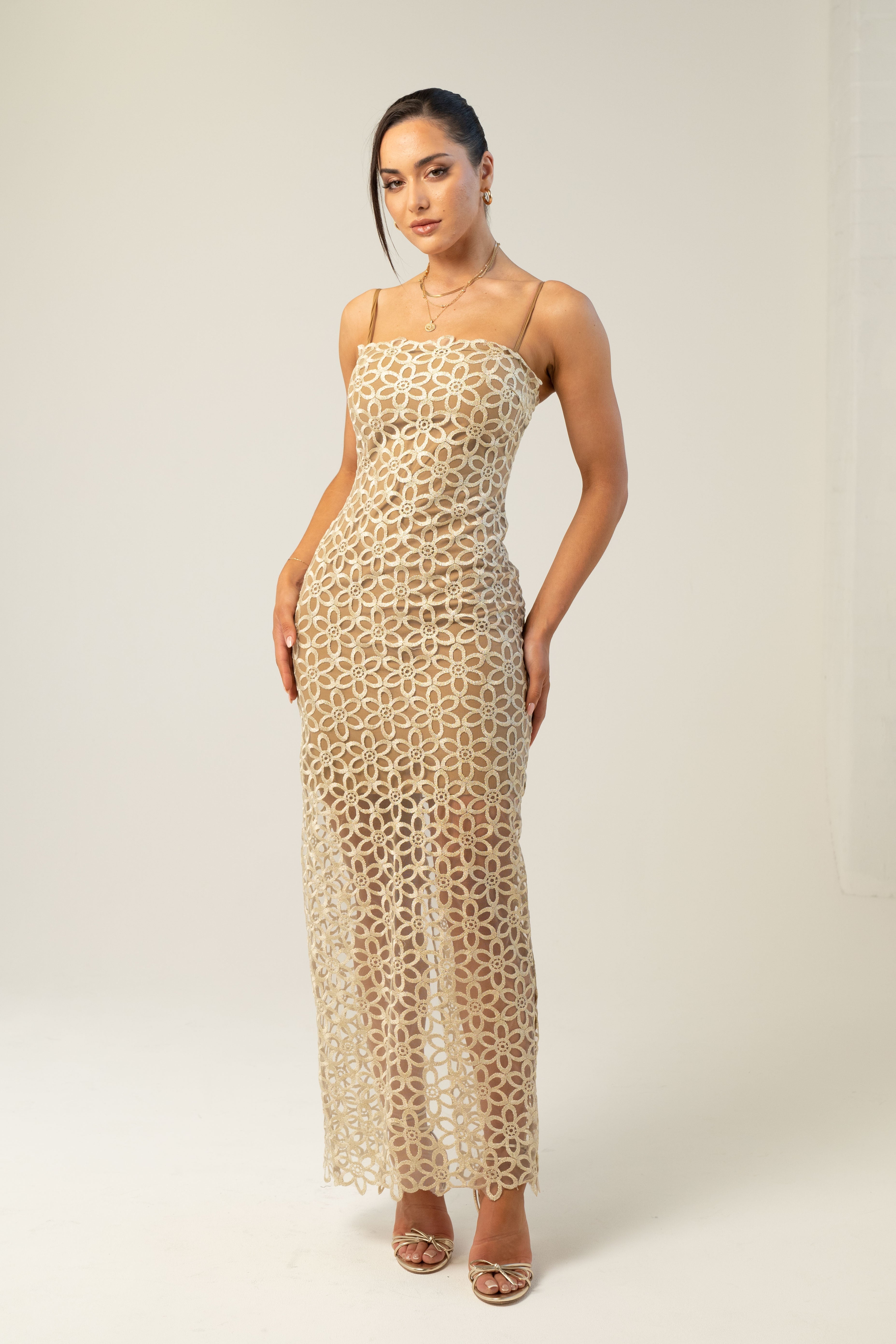 Melina Midi Dress with Floral Overlay