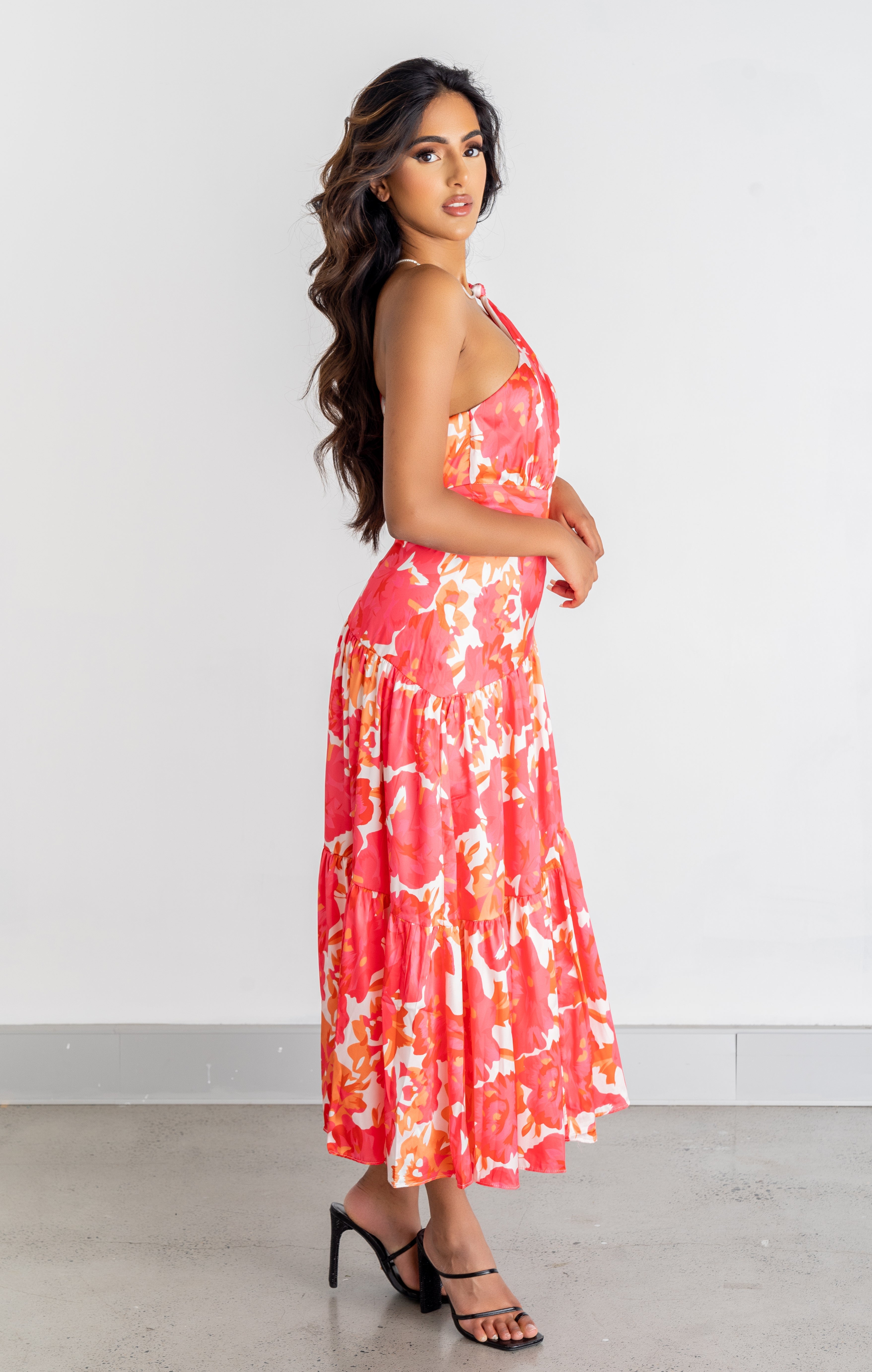 Skylar One-Shoulder Pink Print Midi Dress