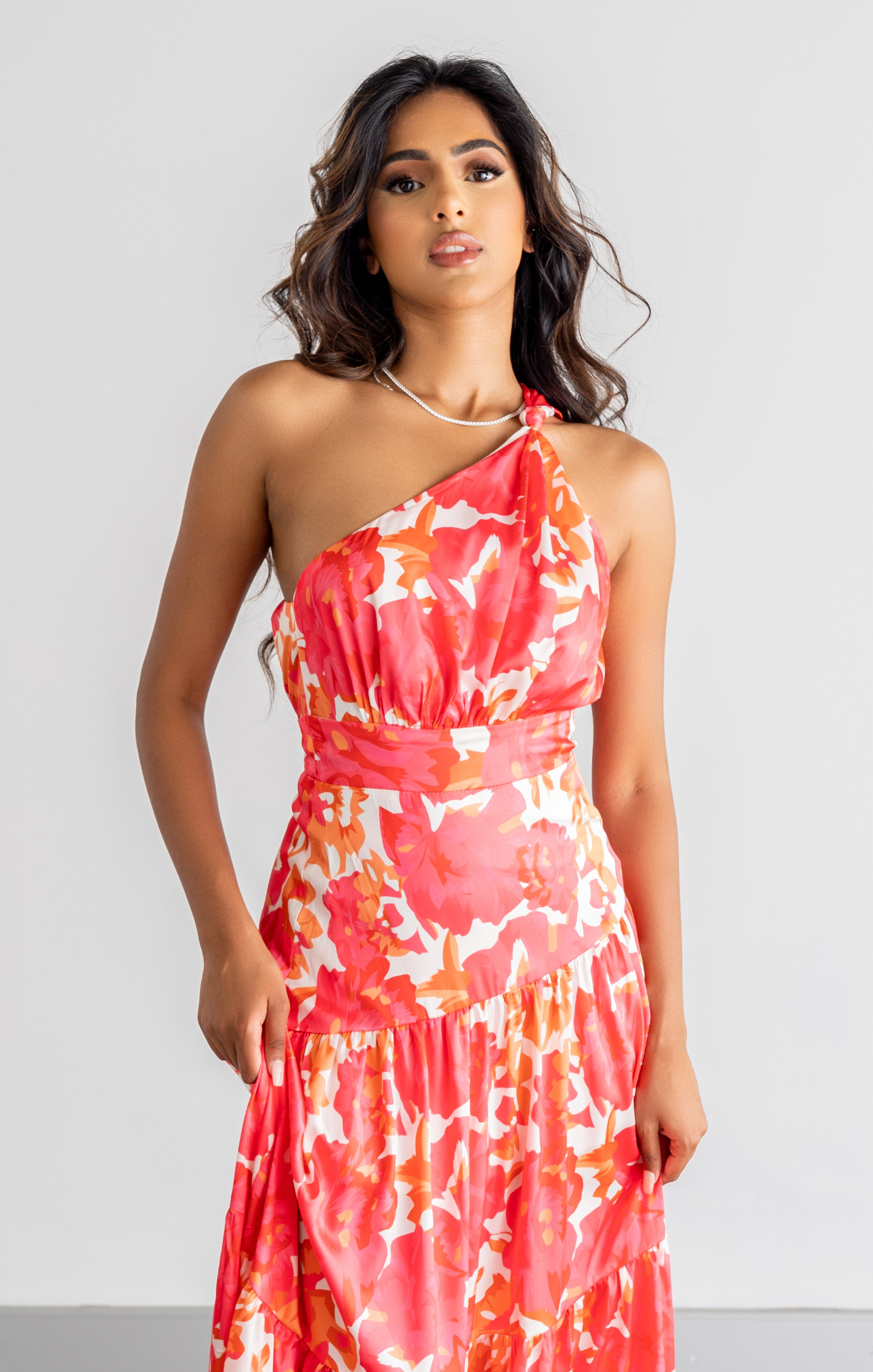 Skylar One-Shoulder Pink Print Midi Dress