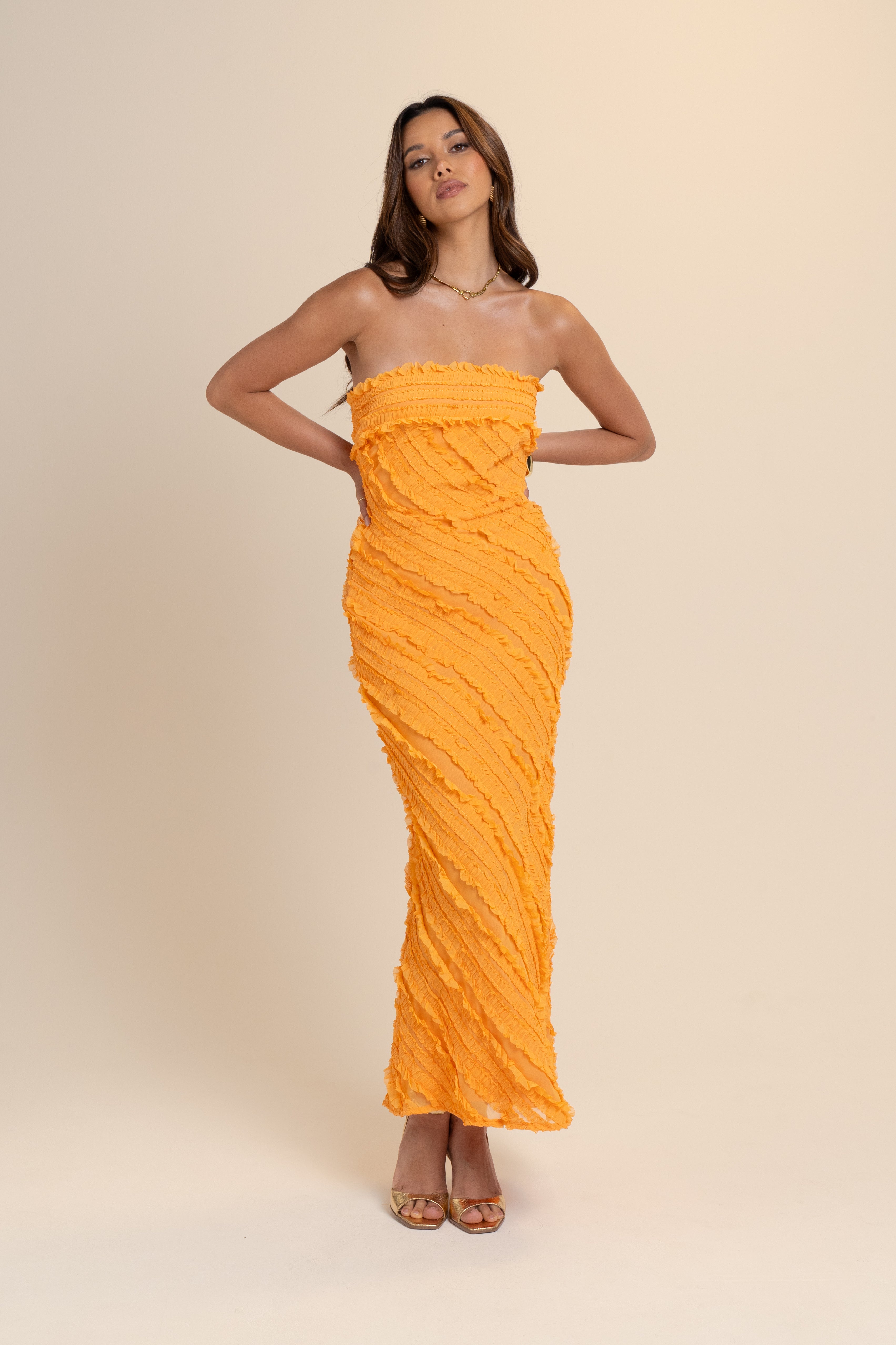Dionne Strapless Orange Midi Dress