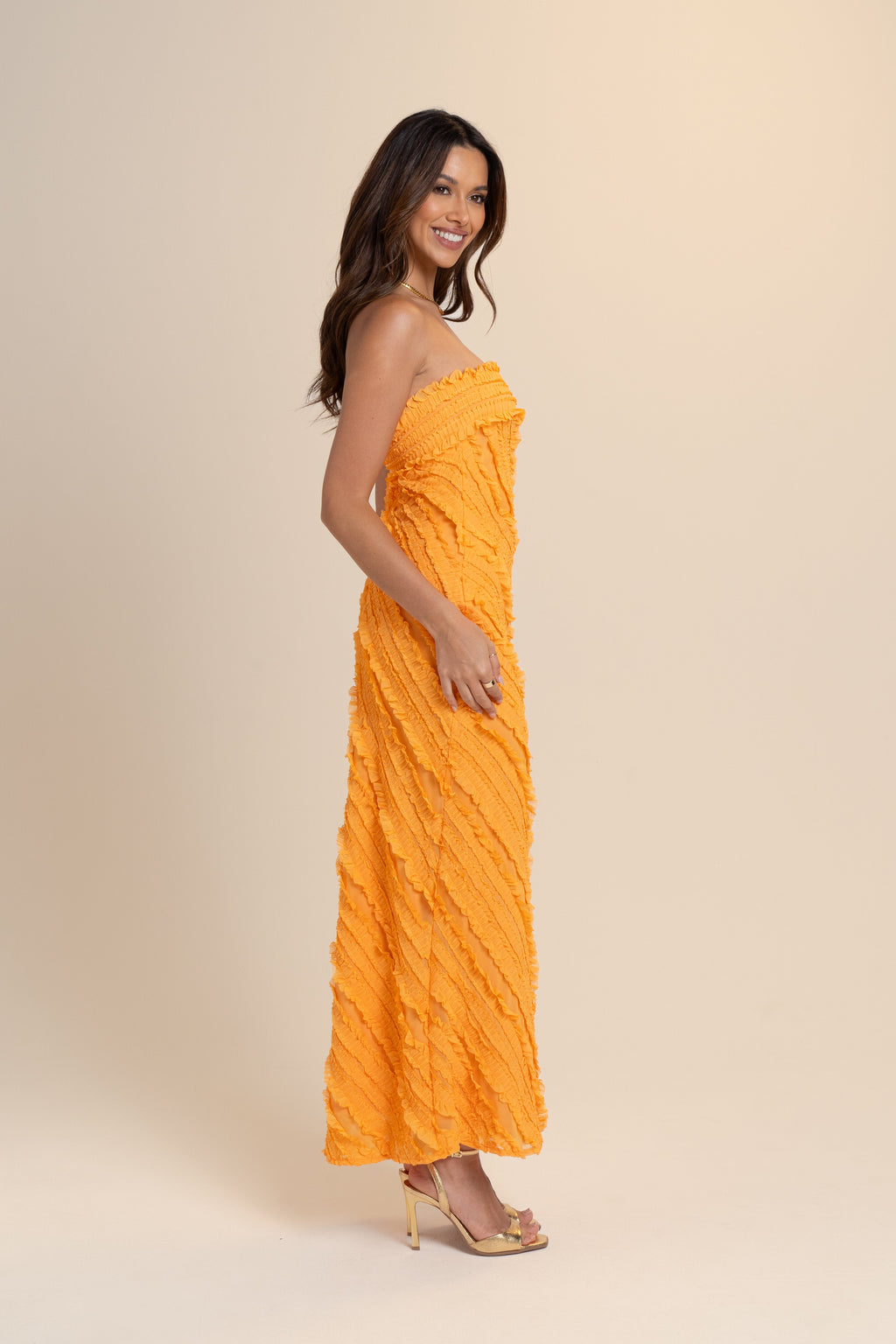 Dionne Strapless Orange Midi Dress