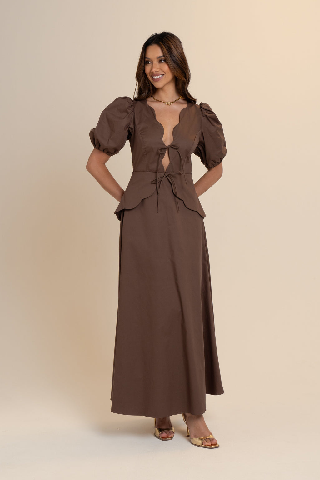 Andrea Scalloped Chocolate Midi Dress