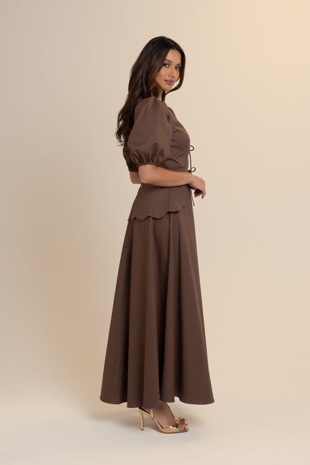 Andrea Scalloped Chocolate Midi Dress