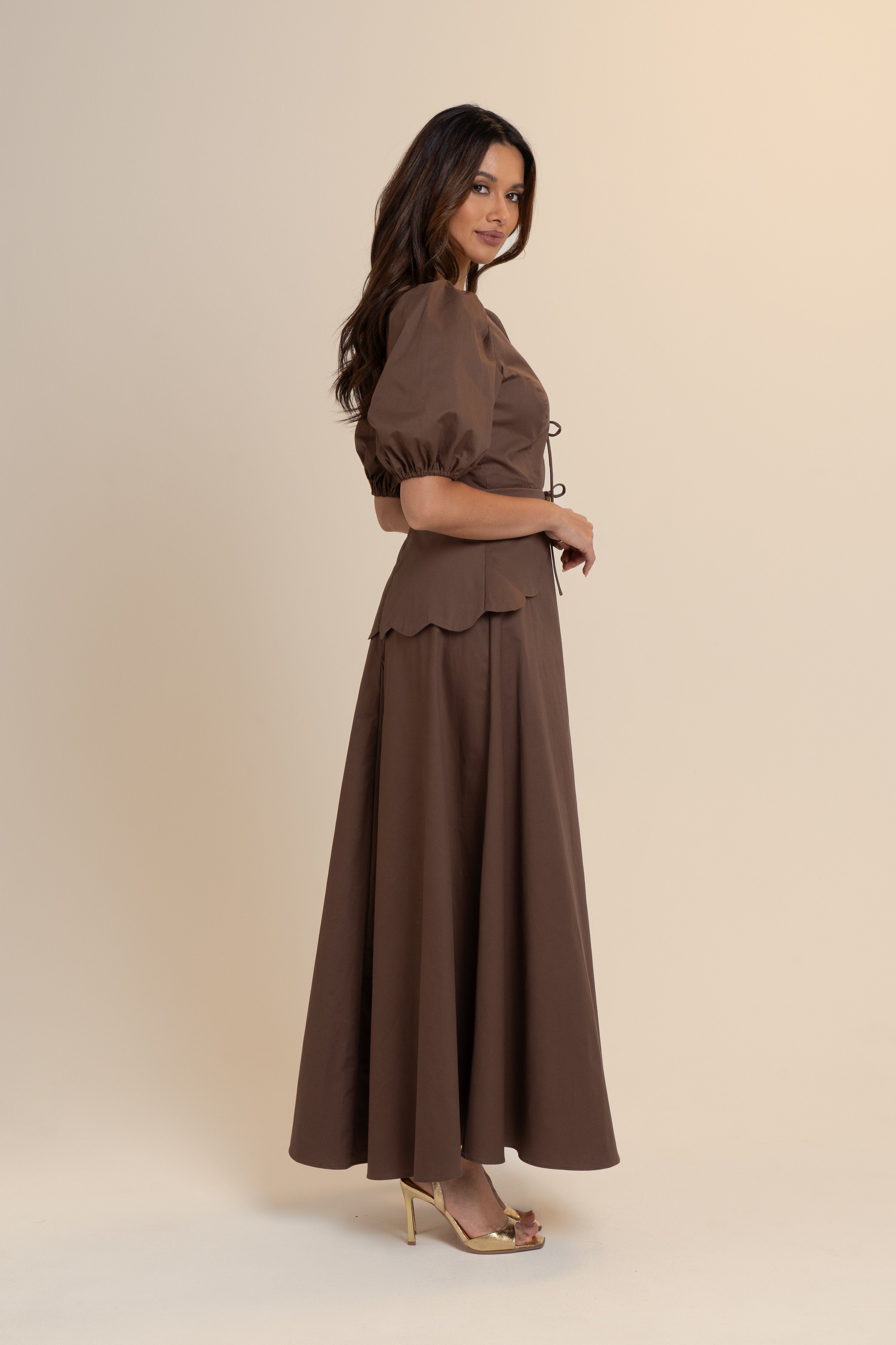 Andrea Scalloped Chocolate Midi Dress