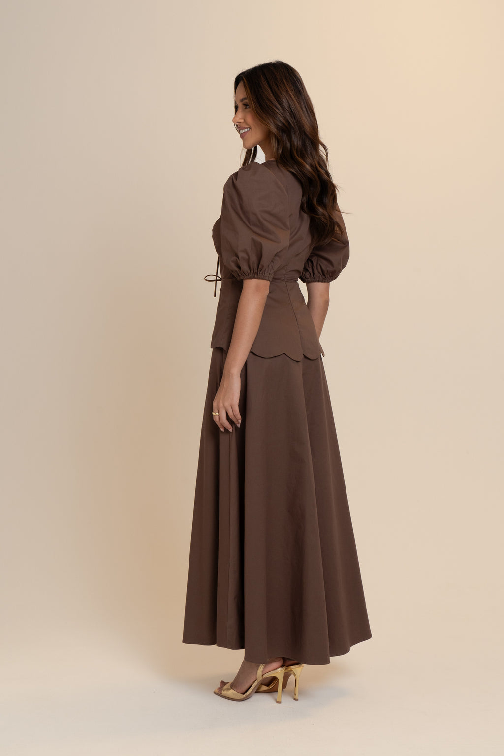 Andrea Scalloped Chocolate Midi Dress