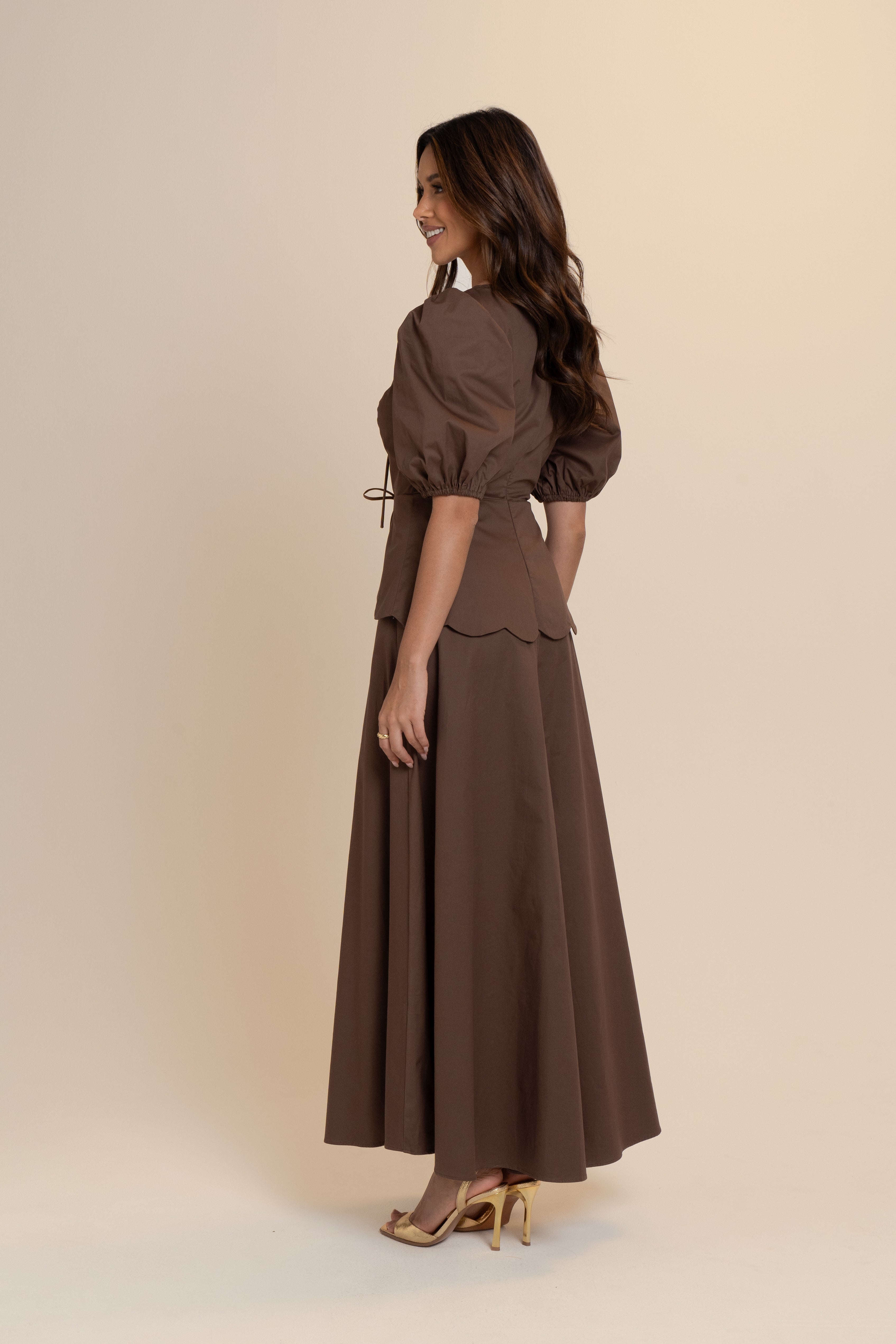 Andrea Scalloped Chocolate Midi Dress