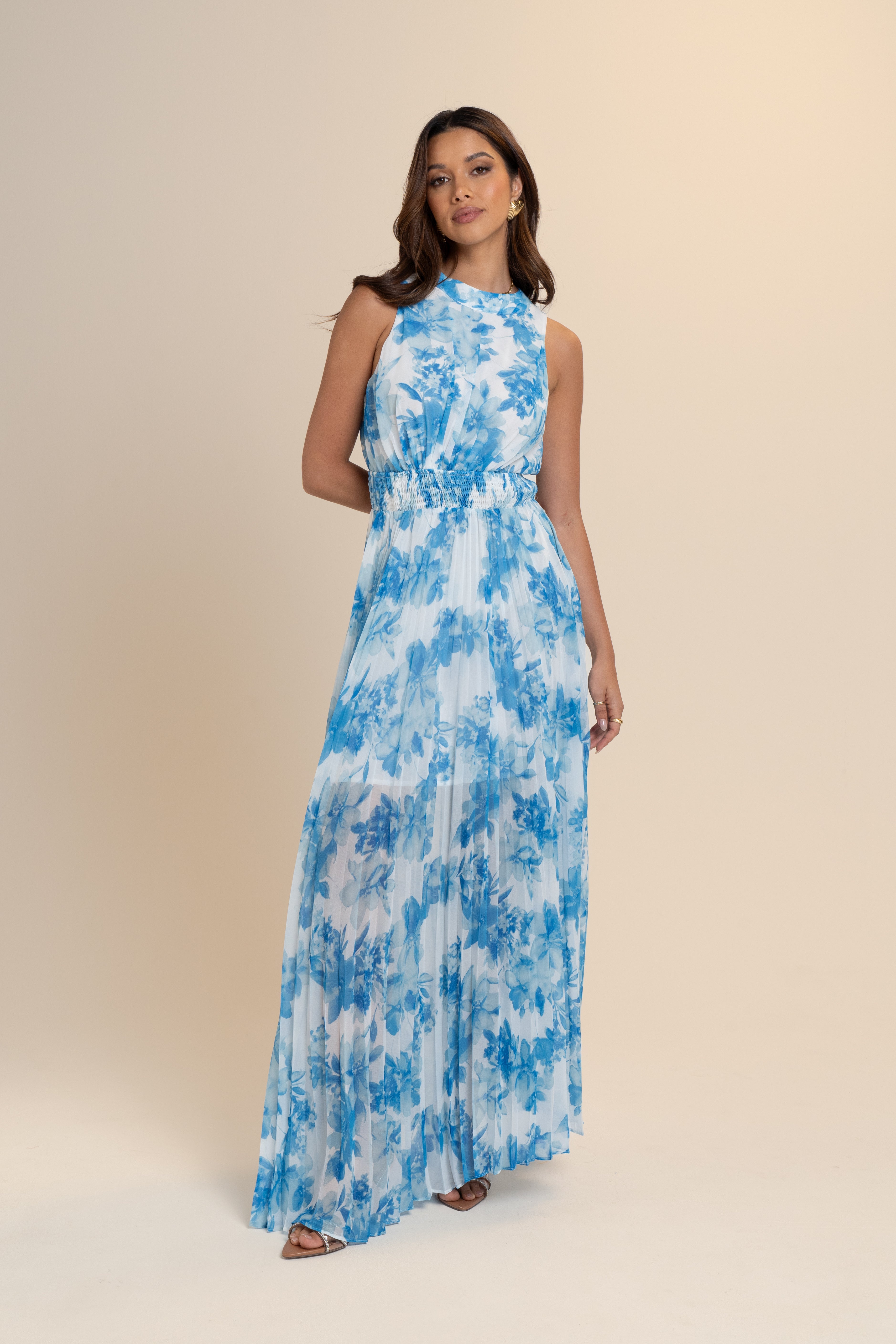 Jodi Blue Floral Pleated Midi Dress