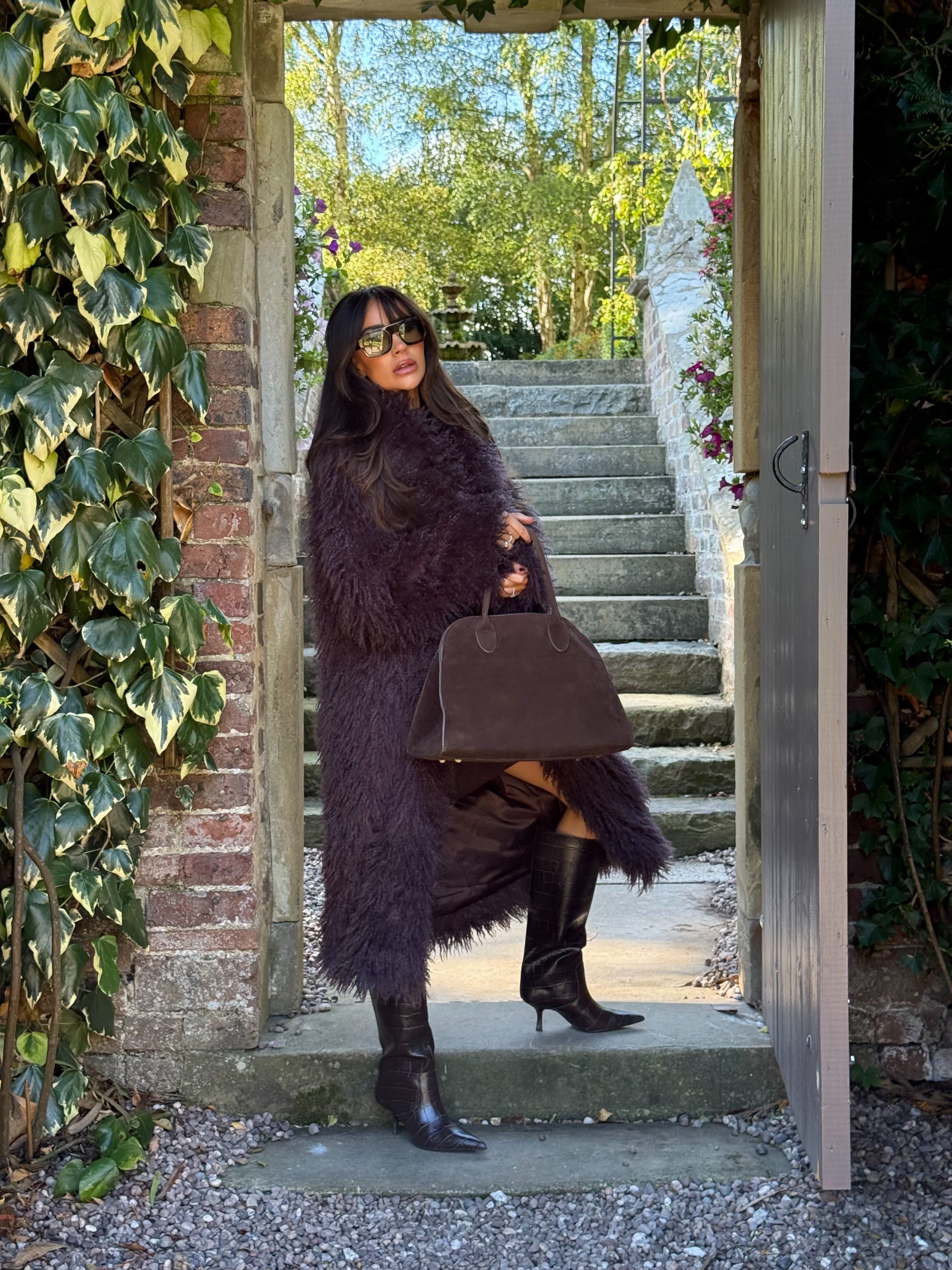 ASPEN Long Faux Mongolian Collared Coat In Chocolate Plum