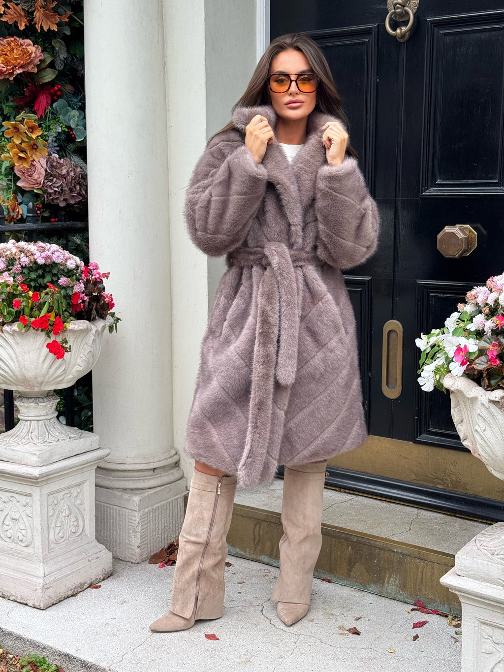 AUTUMN Longline Faux Fur Line Detail Coat with Belt In Mink