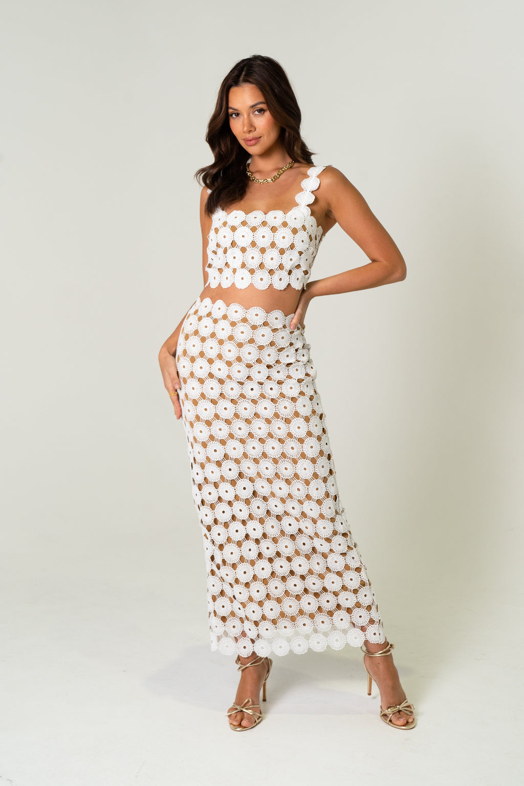 Camille White Crochet Knit Two-Piece Set – Crop Top & High-Waisted Skirt