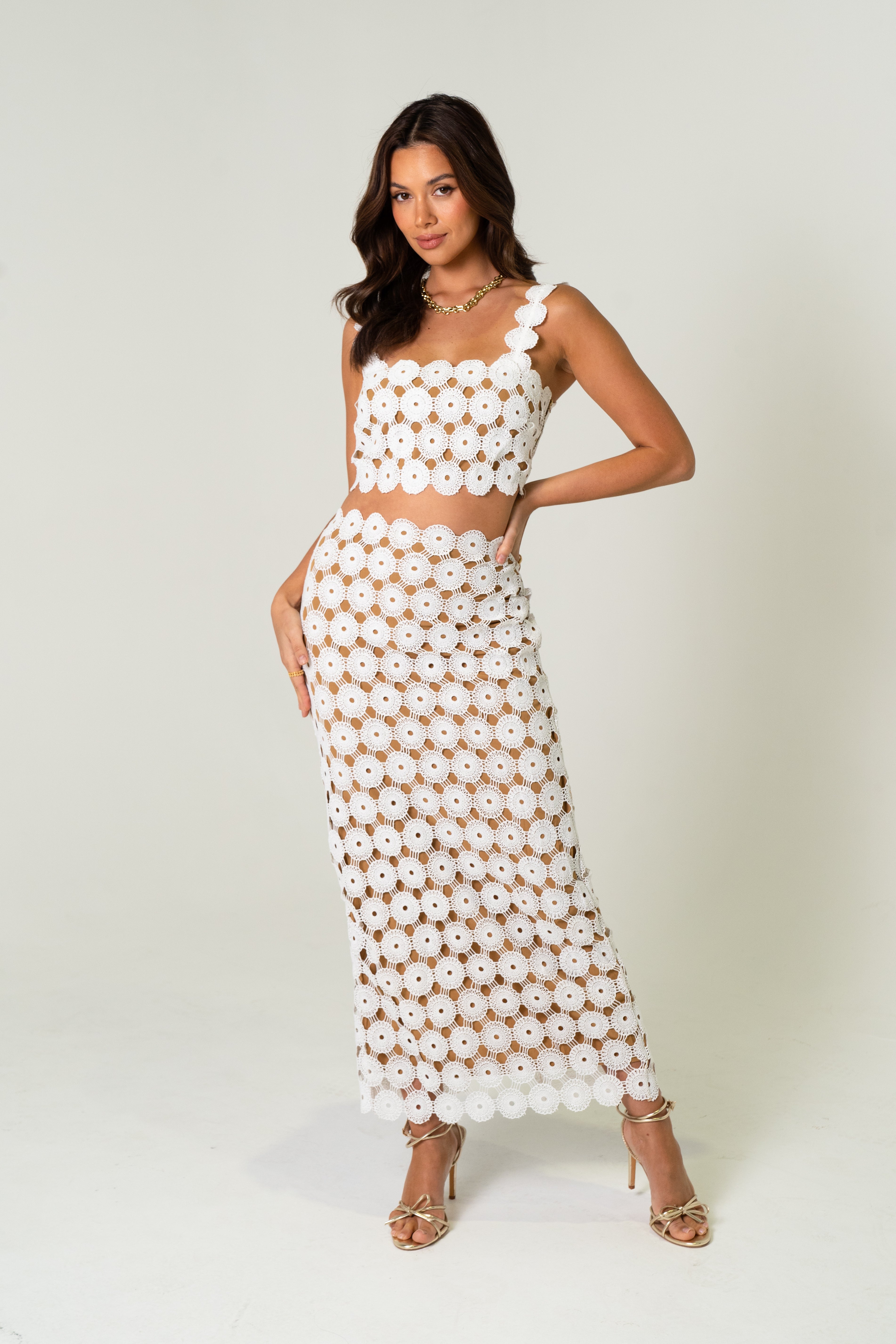 Camille White Crochet Knit Two-Piece Set – Crop Top & High-Waisted Skirt