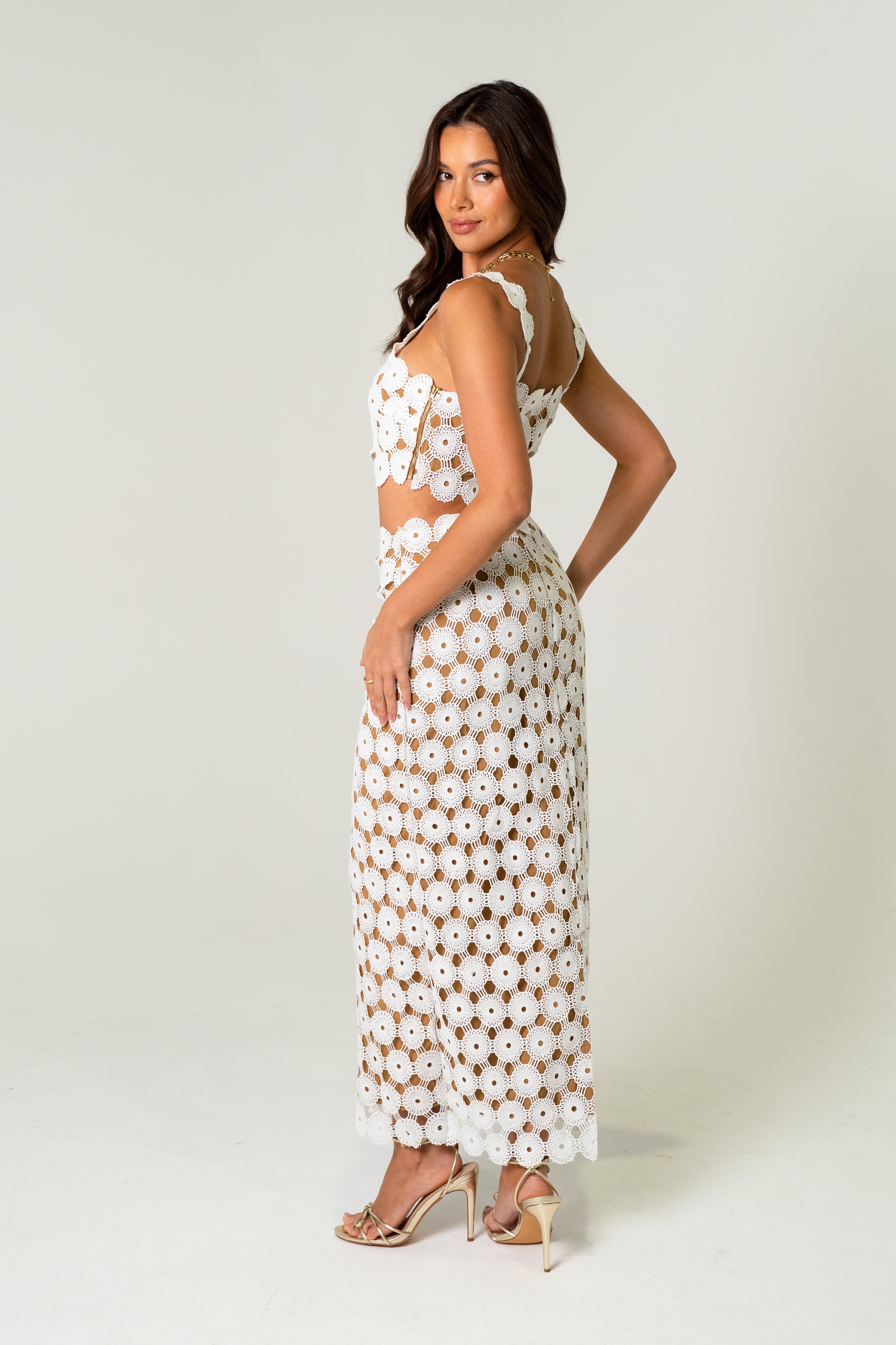 Camille White Crochet Knit Two-Piece Set – Crop Top & High-Waisted Skirt