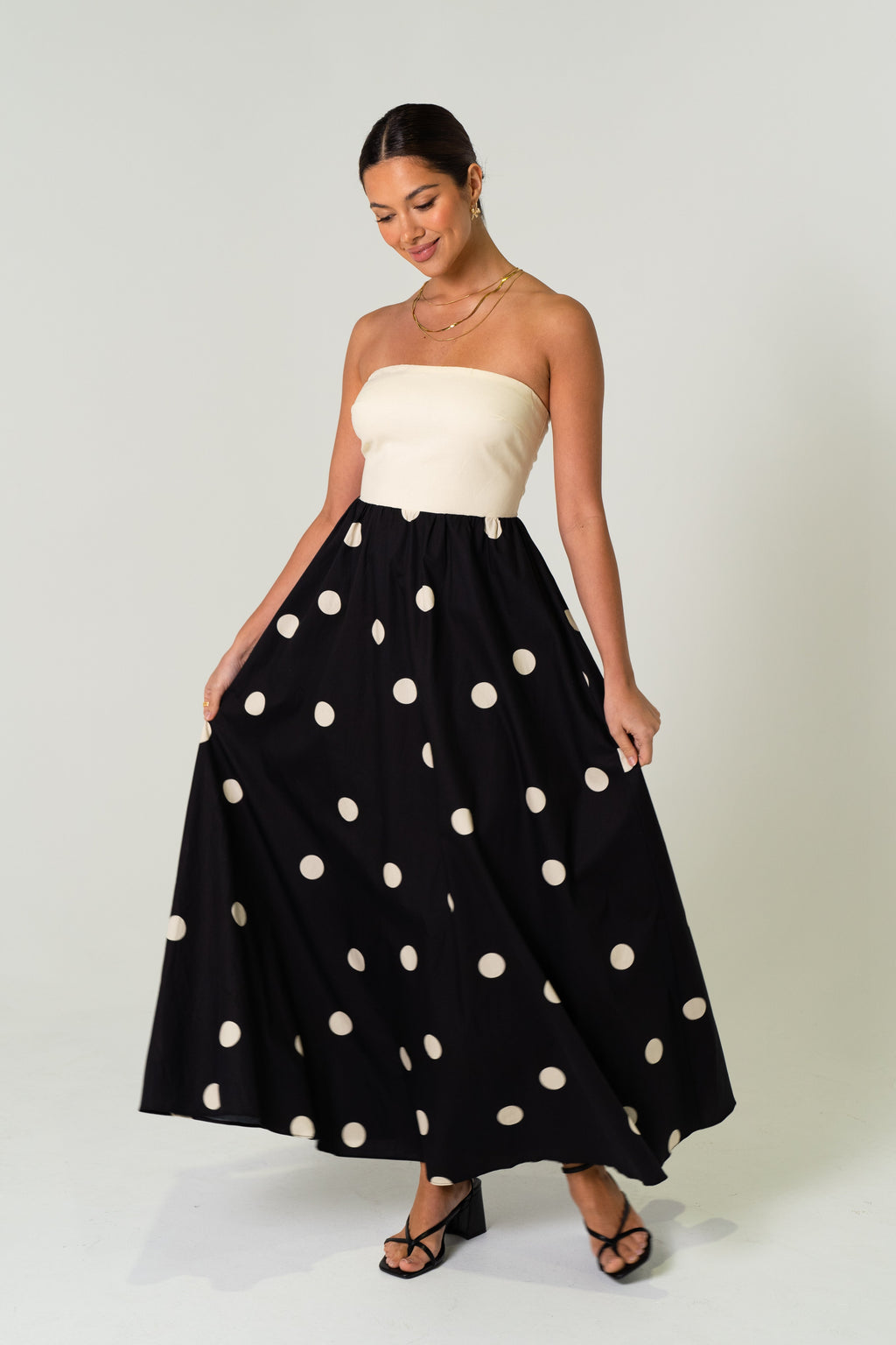 Kristen Strapless Polka Dot Midi Dress