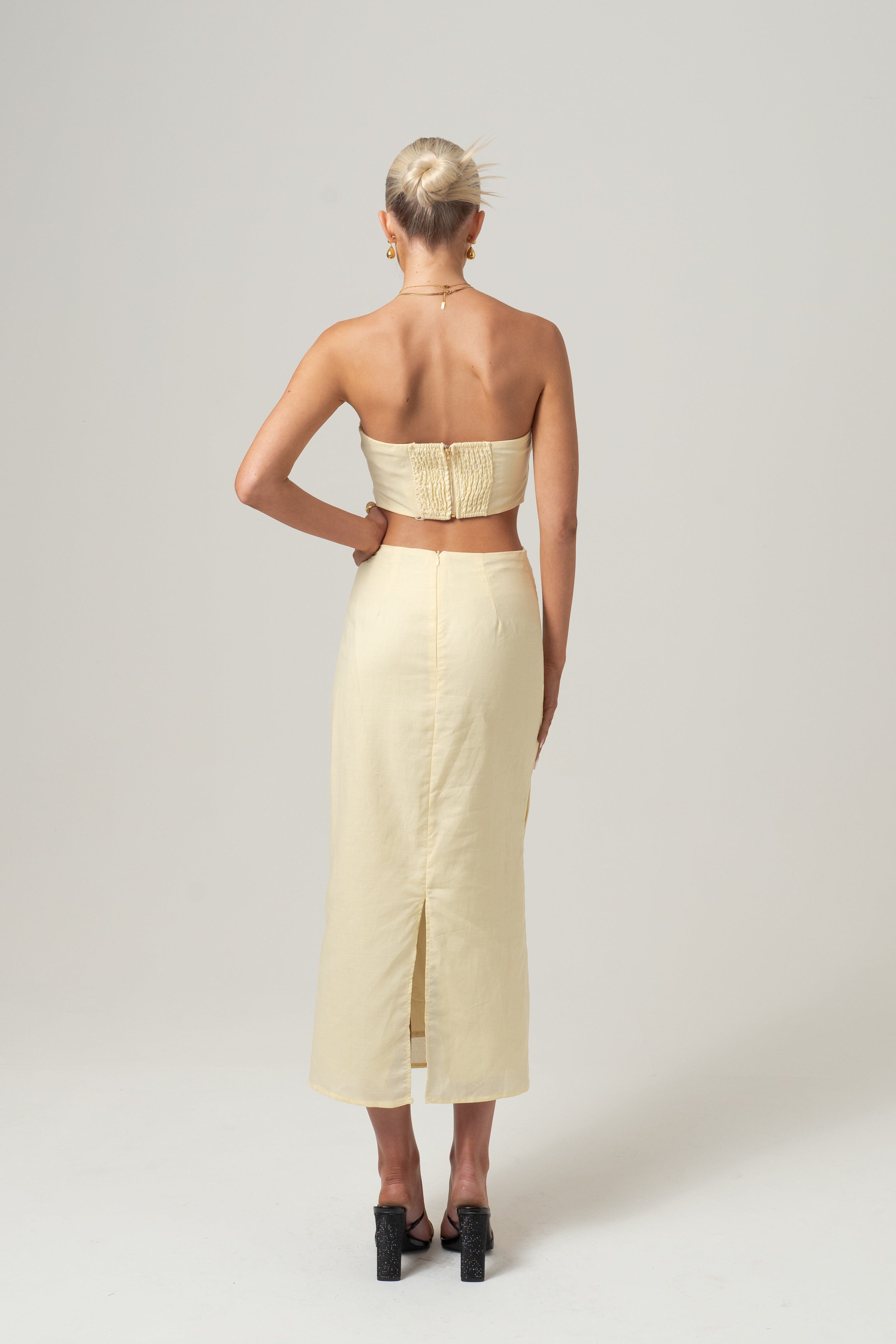 Kara Yellow Two Piece Strapless Top & Midi Skirt Set