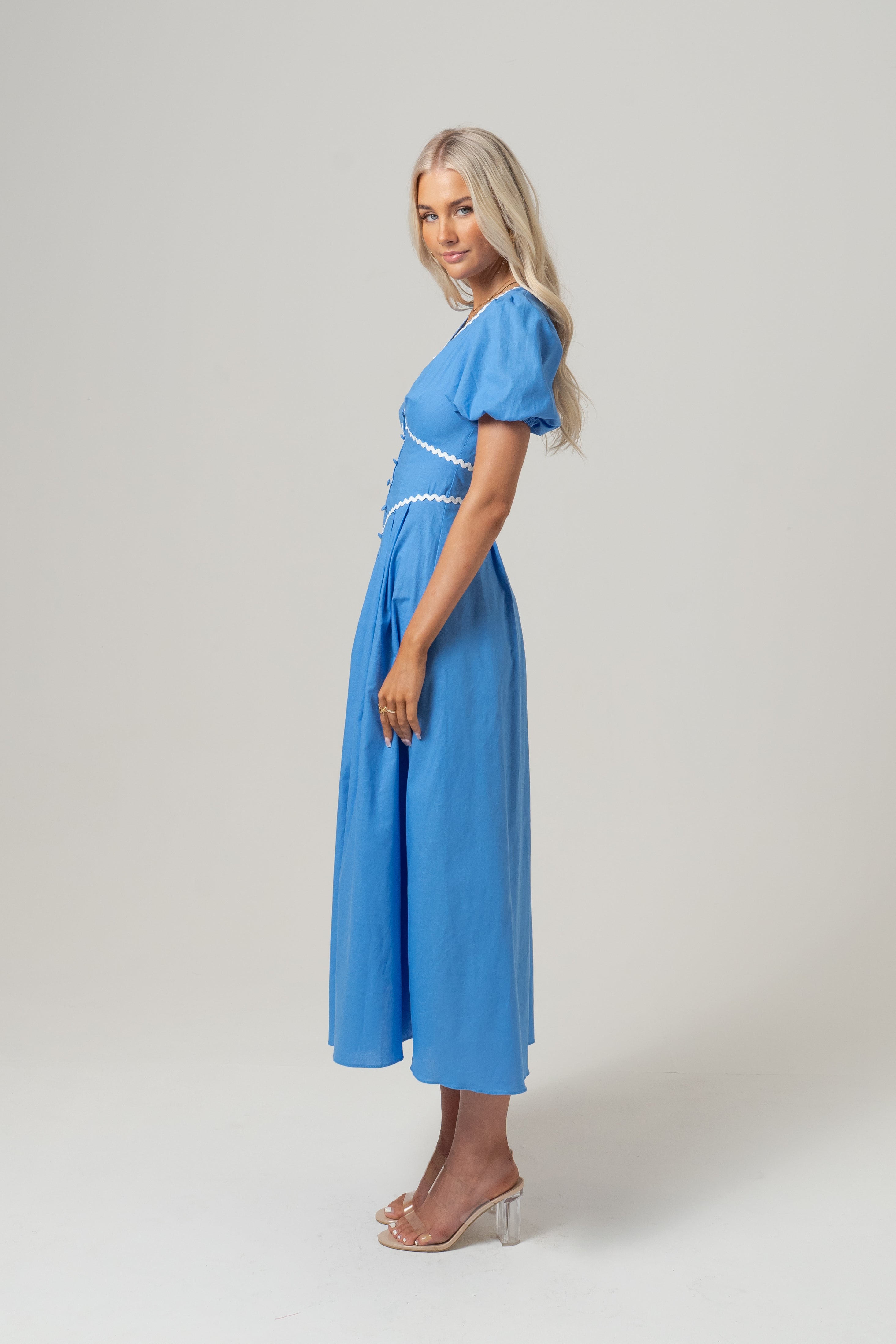 Eden Puff Sleeve Blue Midi Dress with Ric Rac Trims