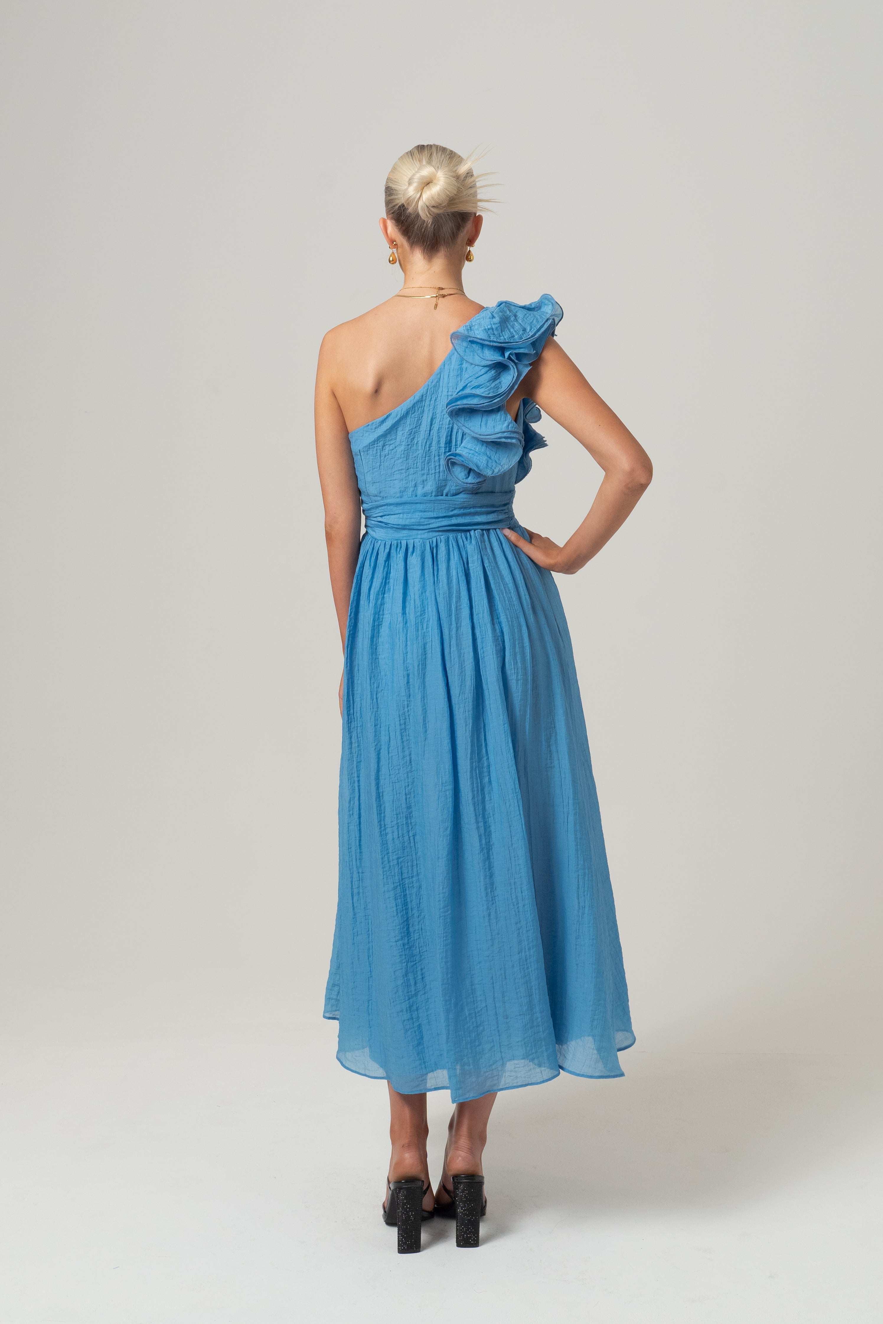 Zara One-Shoulder Ruffle Midi Dress