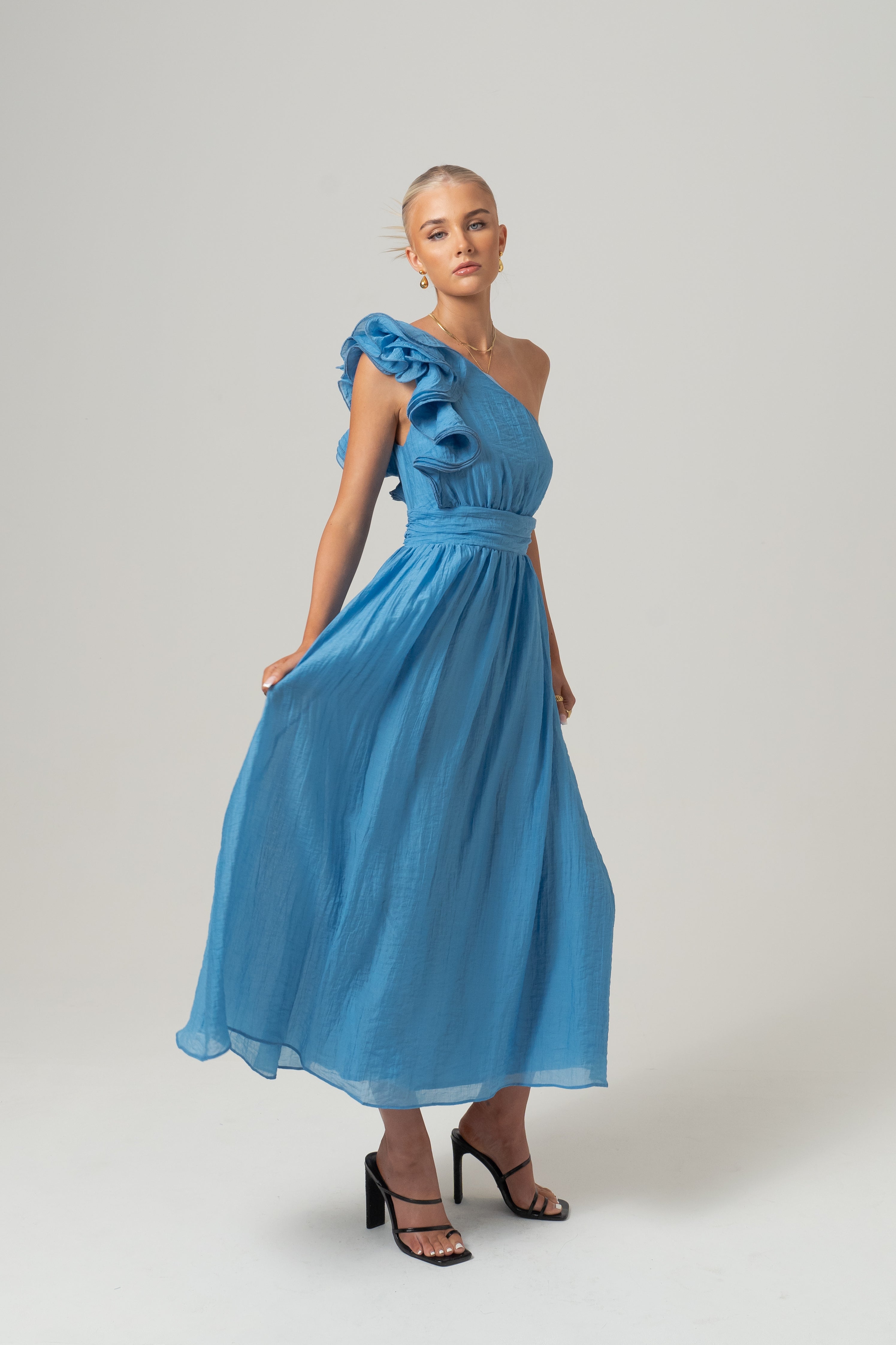 Zara One-Shoulder Ruffle Midi Dress