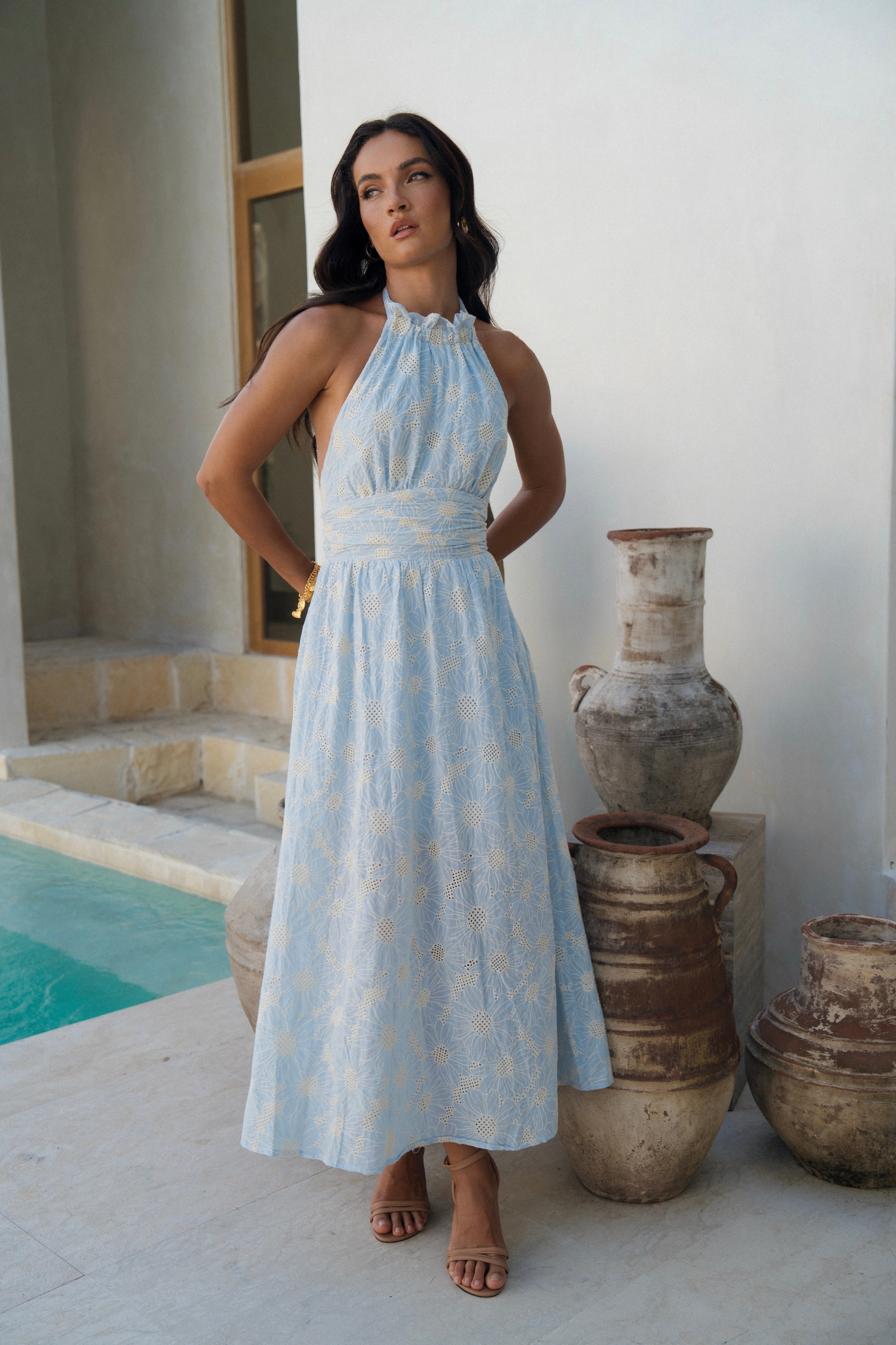 Audrey Halter Neck Midi Dress with Open Back