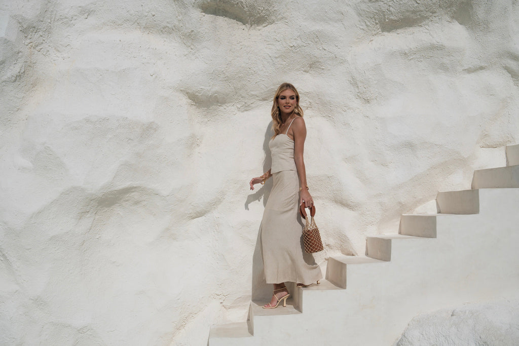 Keira Beige Two Piece Top & Skirt Set