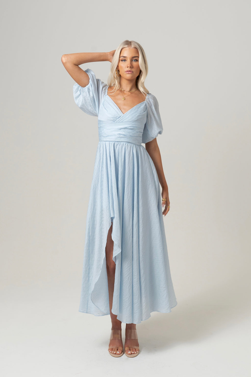 Bridget Puff Sleeve Midi Dress with Side Slit