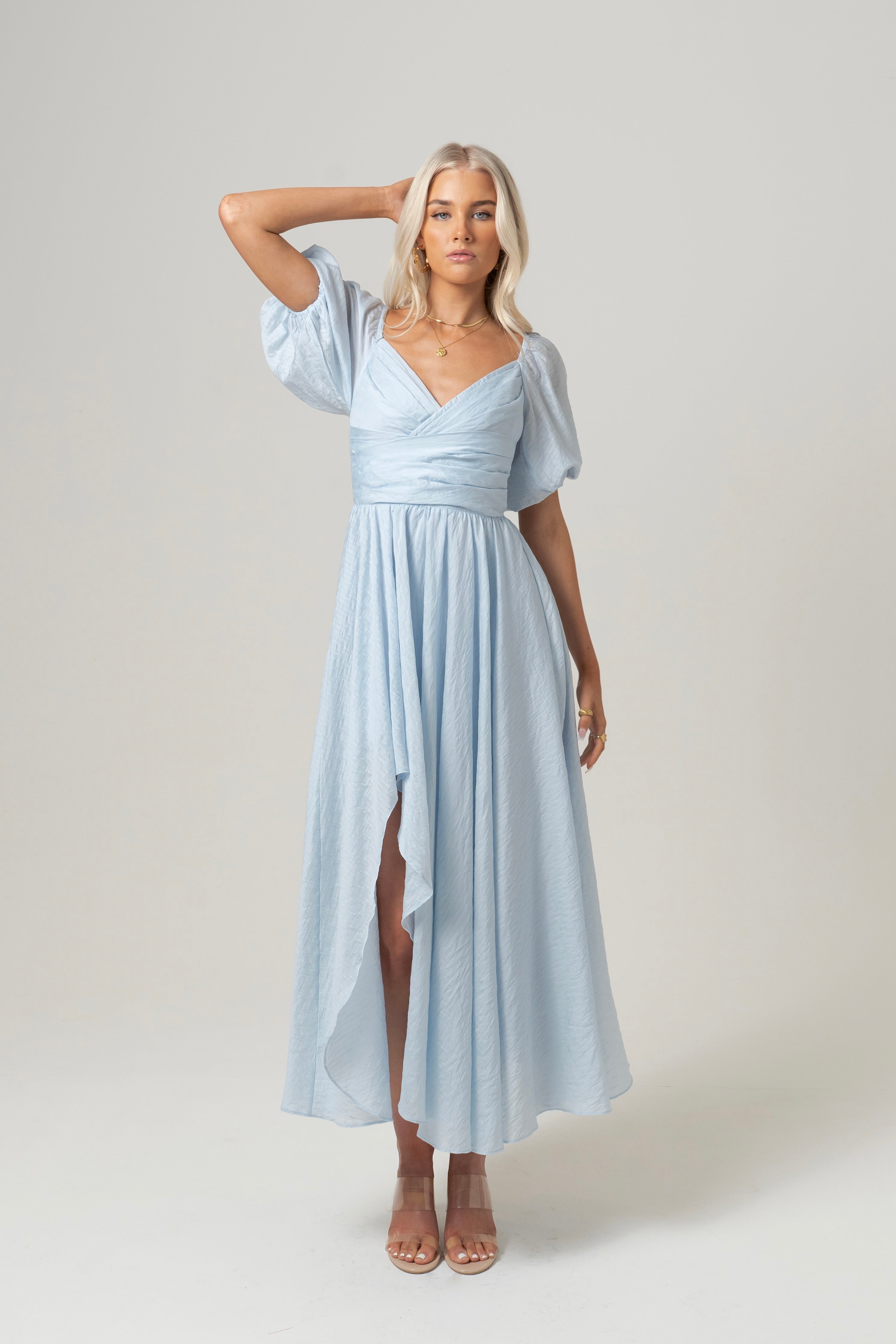 Bridget Puff Sleeve Midi Dress with Side Slit