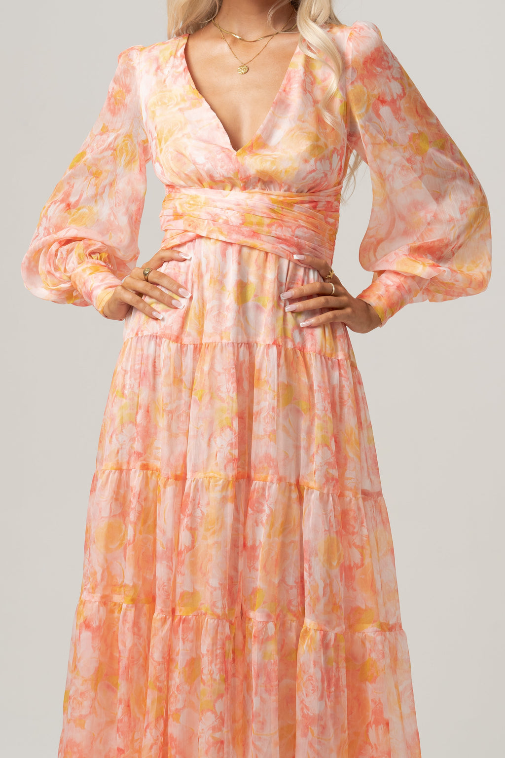 Victoria Peach Print Midi Dress with Long Sleeves