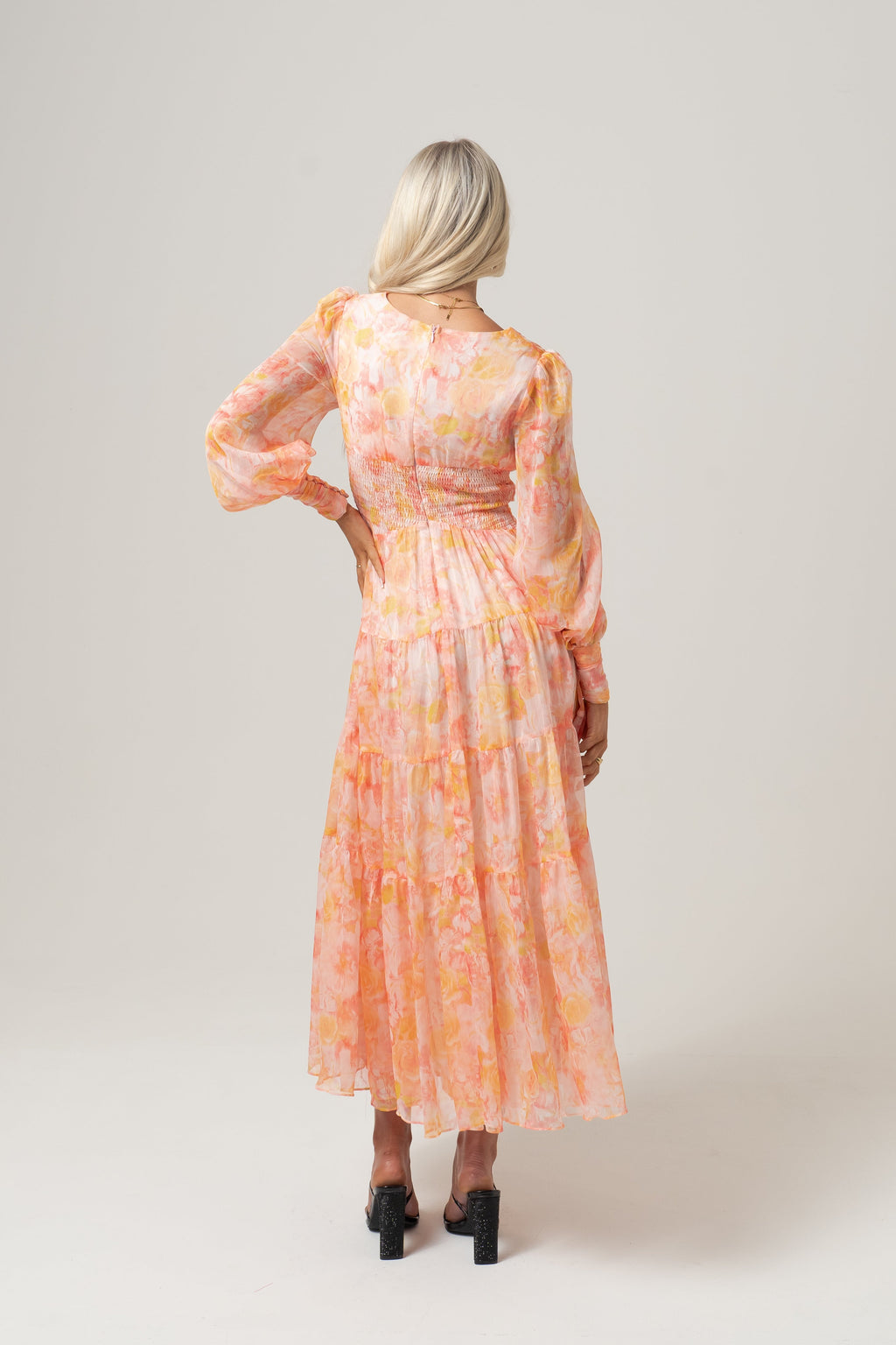 Victoria Peach Print Midi Dress with Long Sleeves
