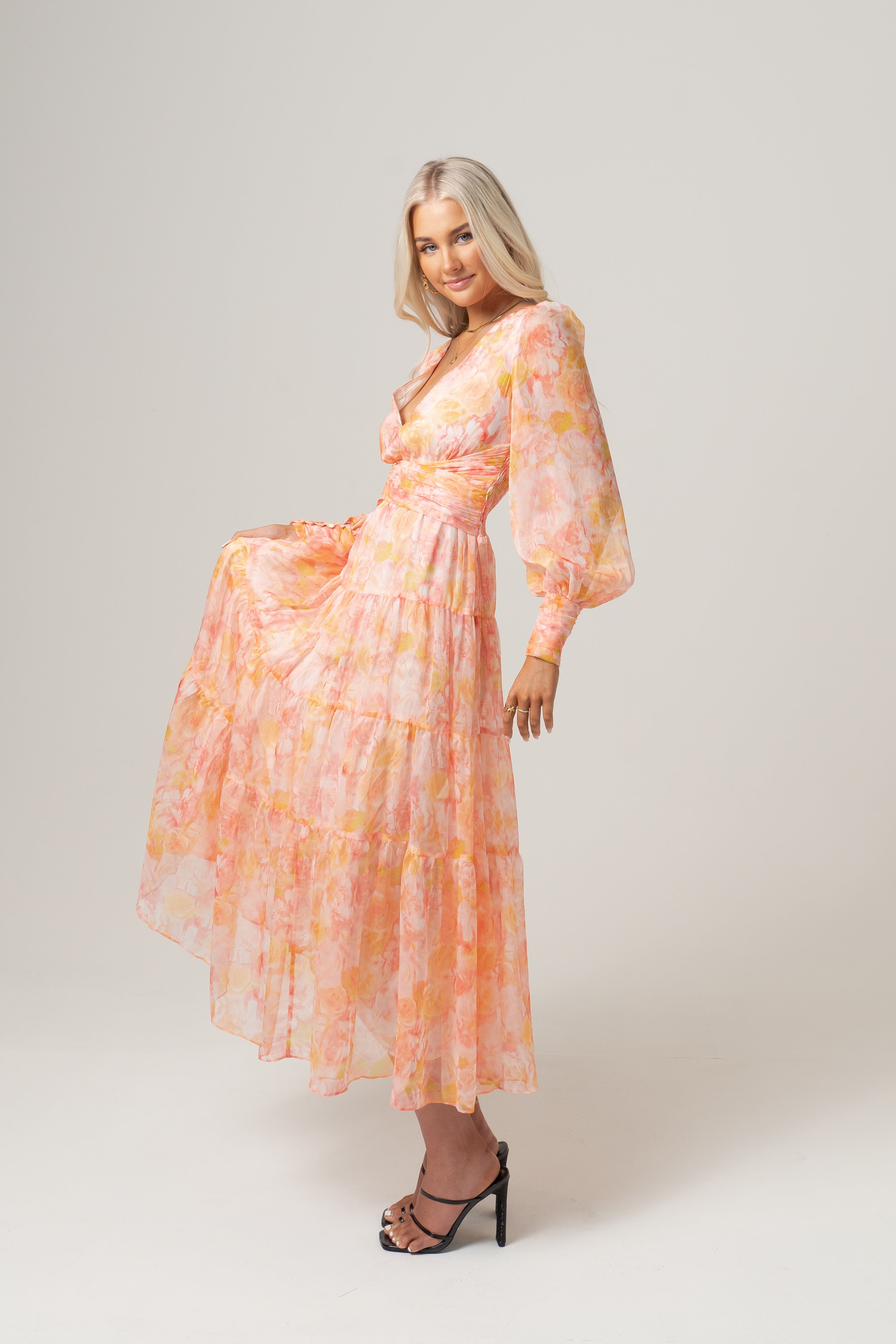 Victoria Peach Print Midi Dress with Long Sleeves