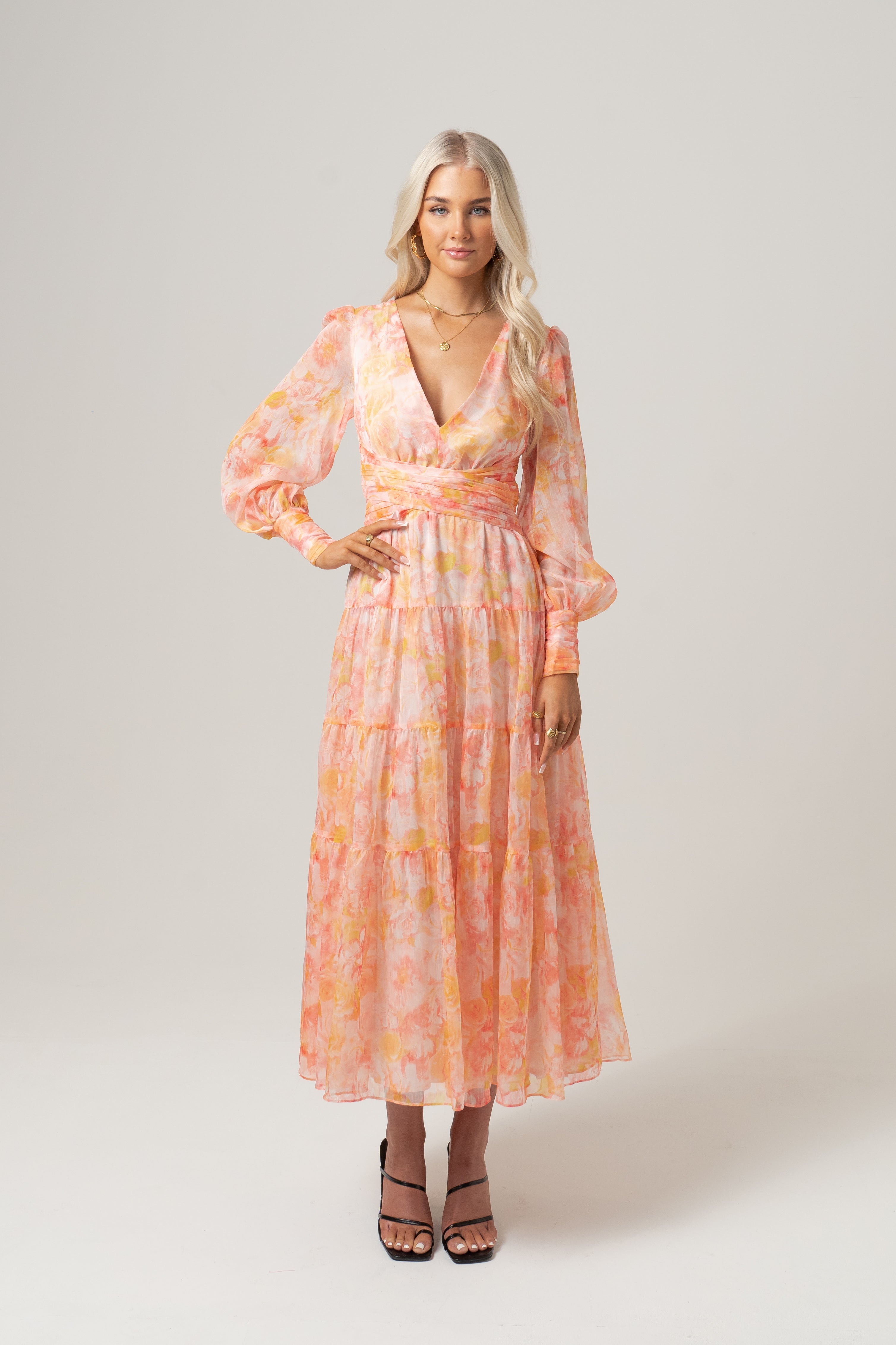 Victoria Peach Print Midi Dress with Long Sleeves