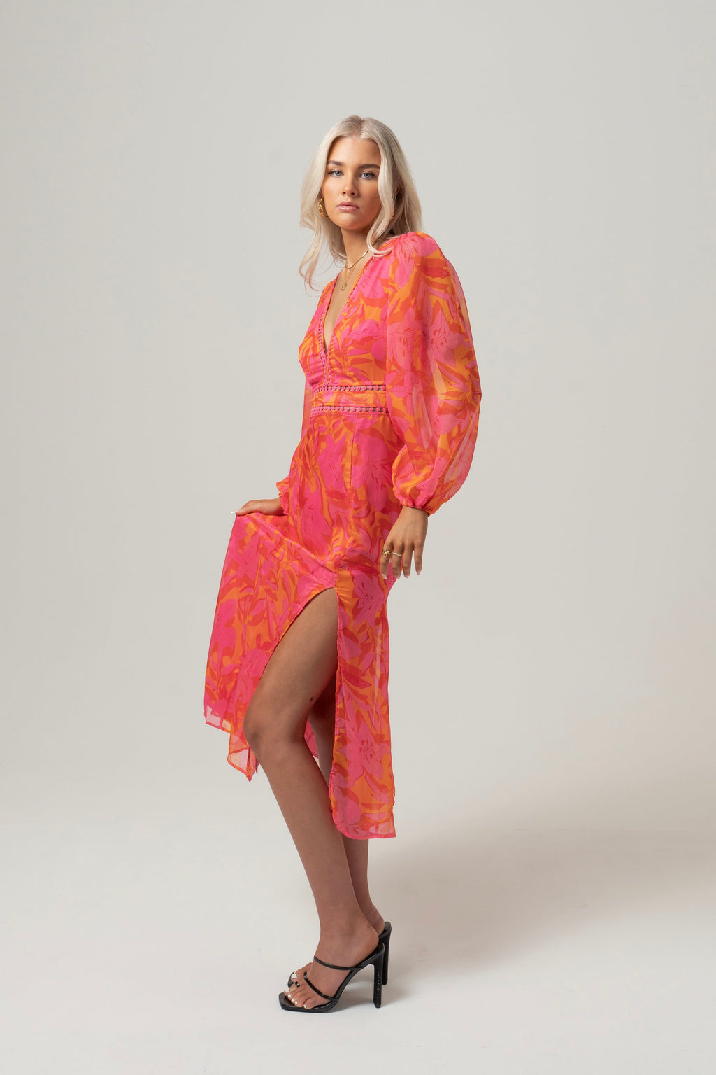 Pia Pink Print Midi Dress with Billowed Sleeves