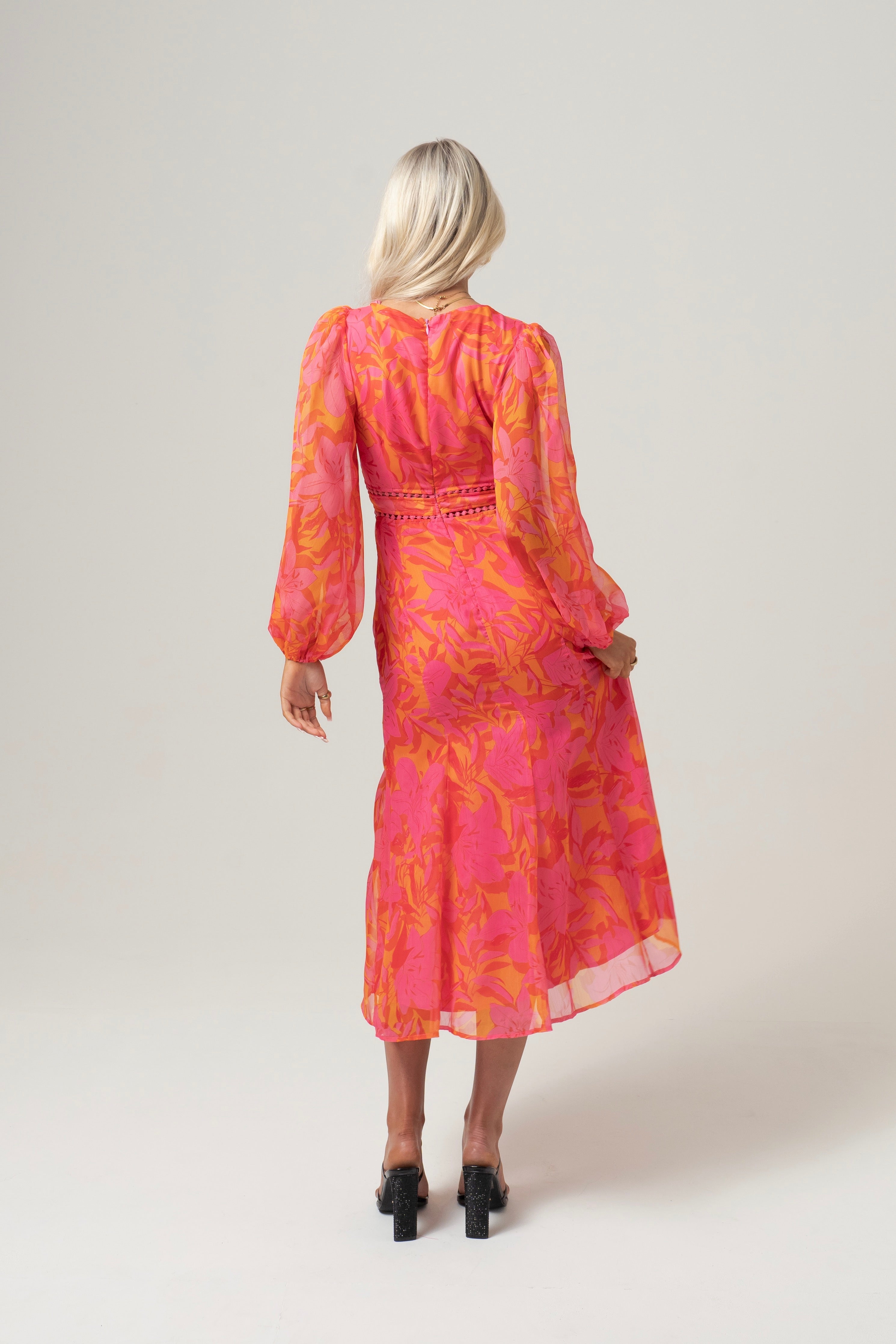 Pia Pink Print Midi Dress with Billowed Sleeves