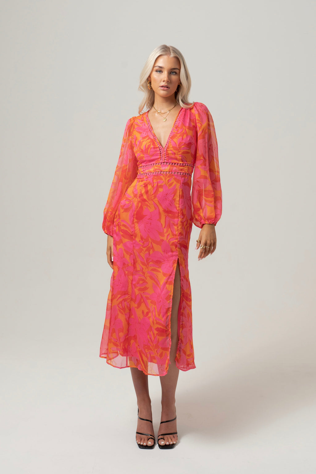 Pia Pink Print Midi Dress with Billowed Sleeves