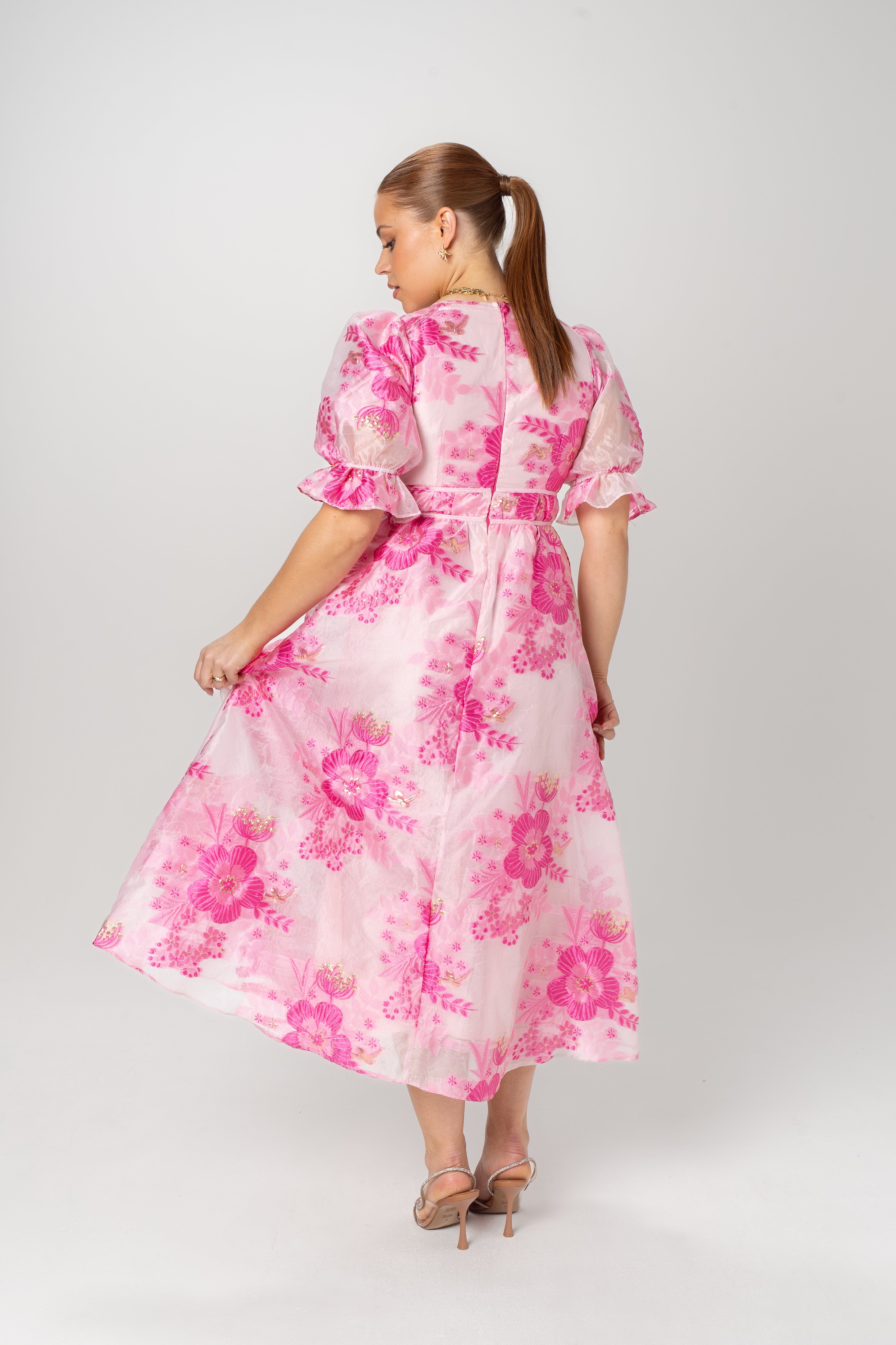 Eleanna Pink Floral Puff Sleeve Midi